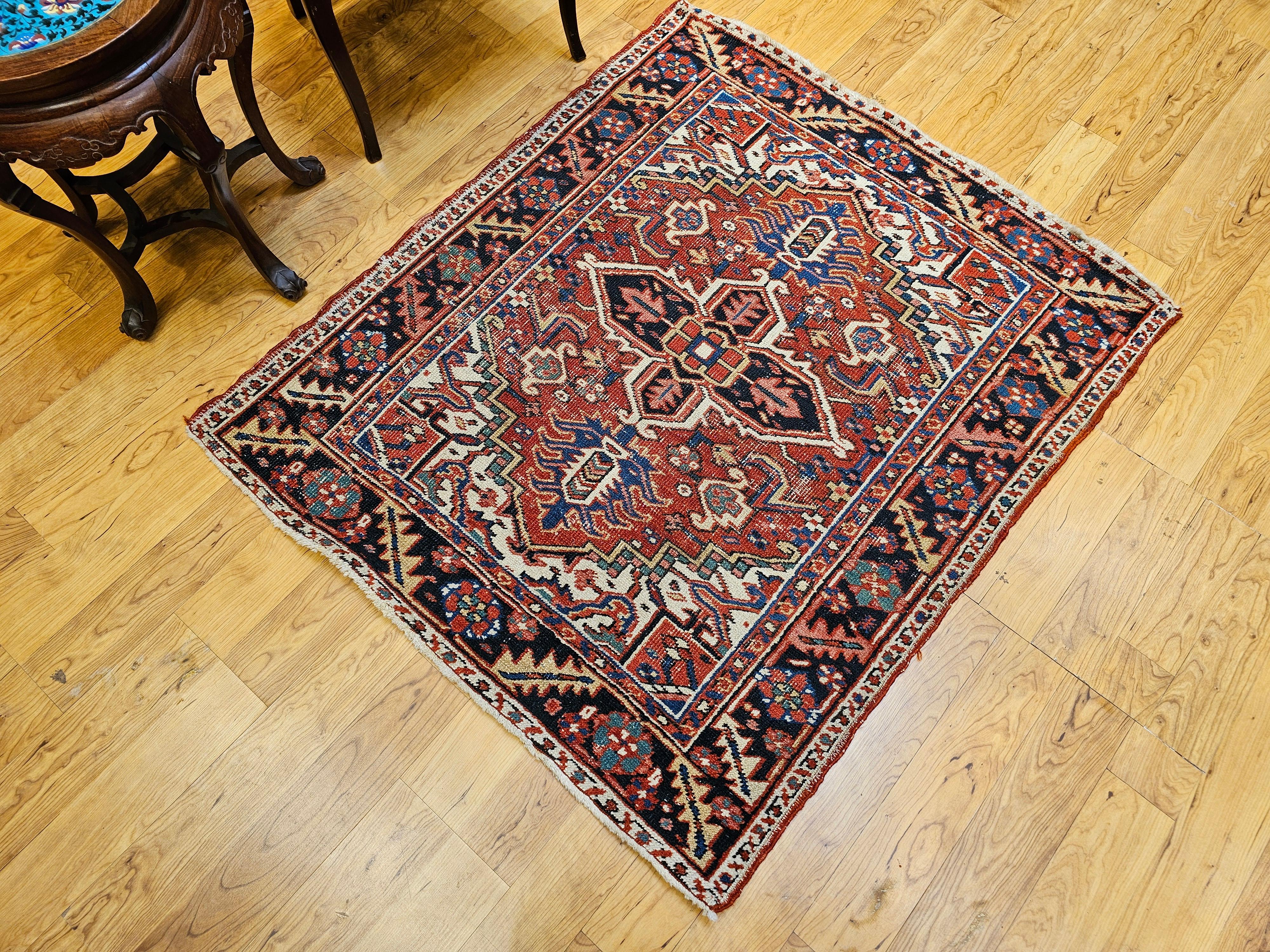 Vintage Persian Heriz Serapi Near Square Area Rug in Green, Blue, Ivory, Red For Sale 14