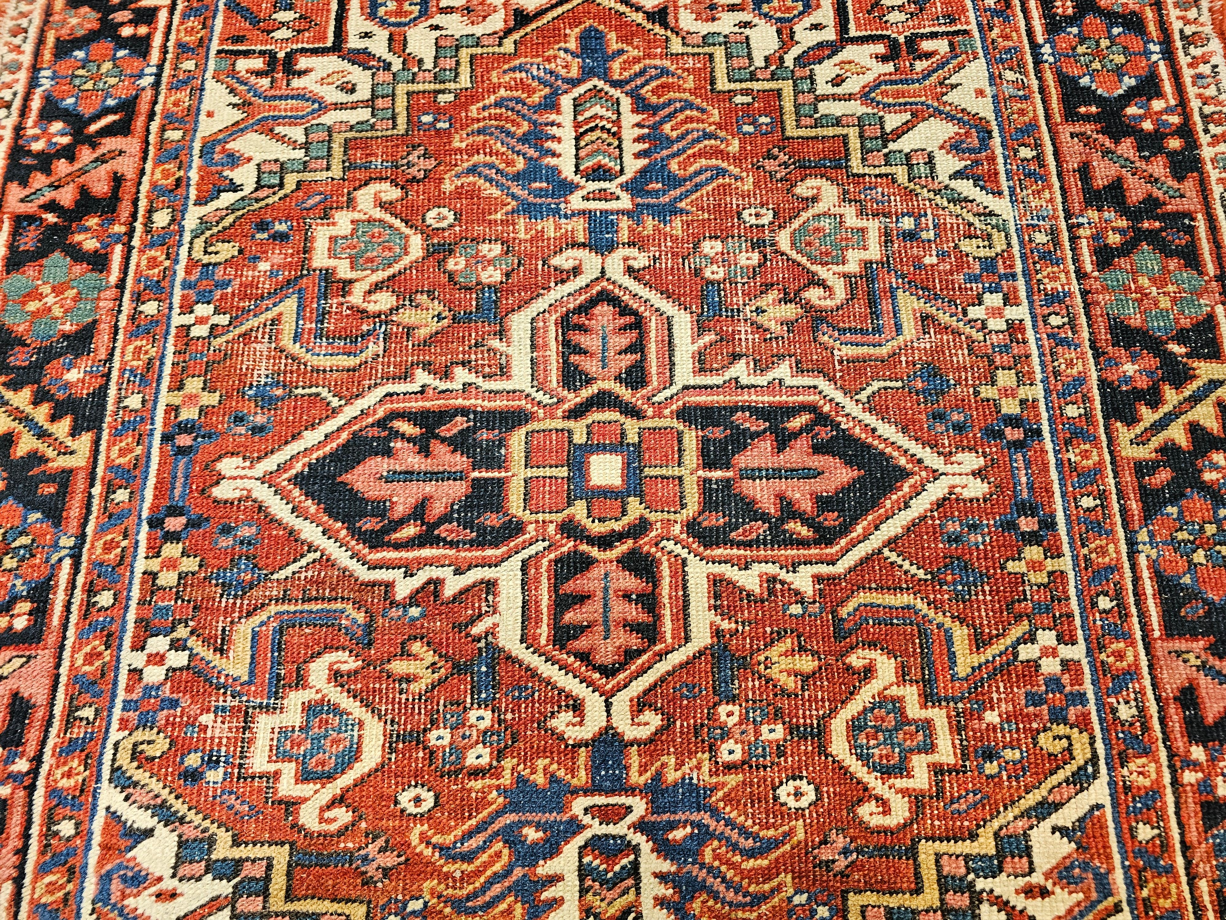 Vintage Persian Heriz Serapi Near Square Area Rug in Green, Blue, Ivory, Red In Good Condition For Sale In Barrington, IL