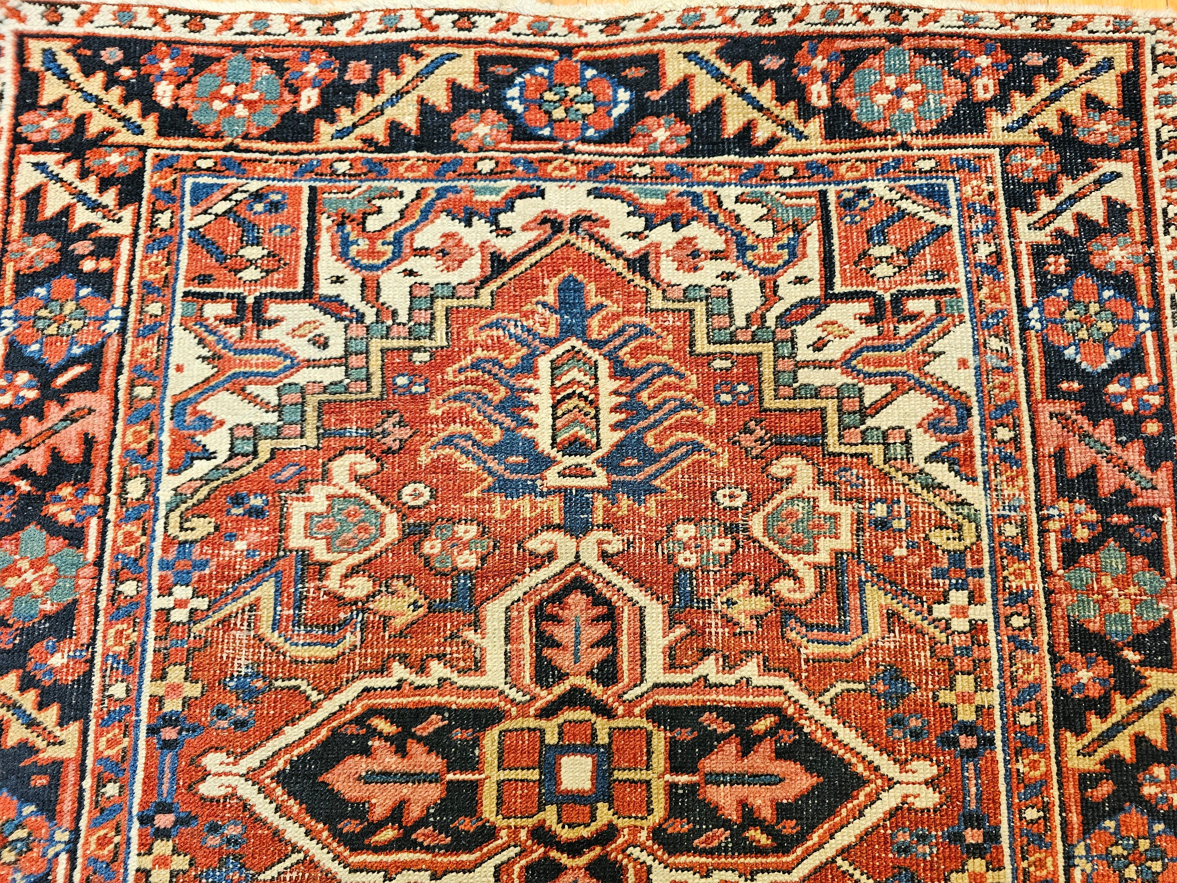 20th Century Vintage Persian Heriz Serapi Near Square Area Rug in Green, Blue, Ivory, Red For Sale