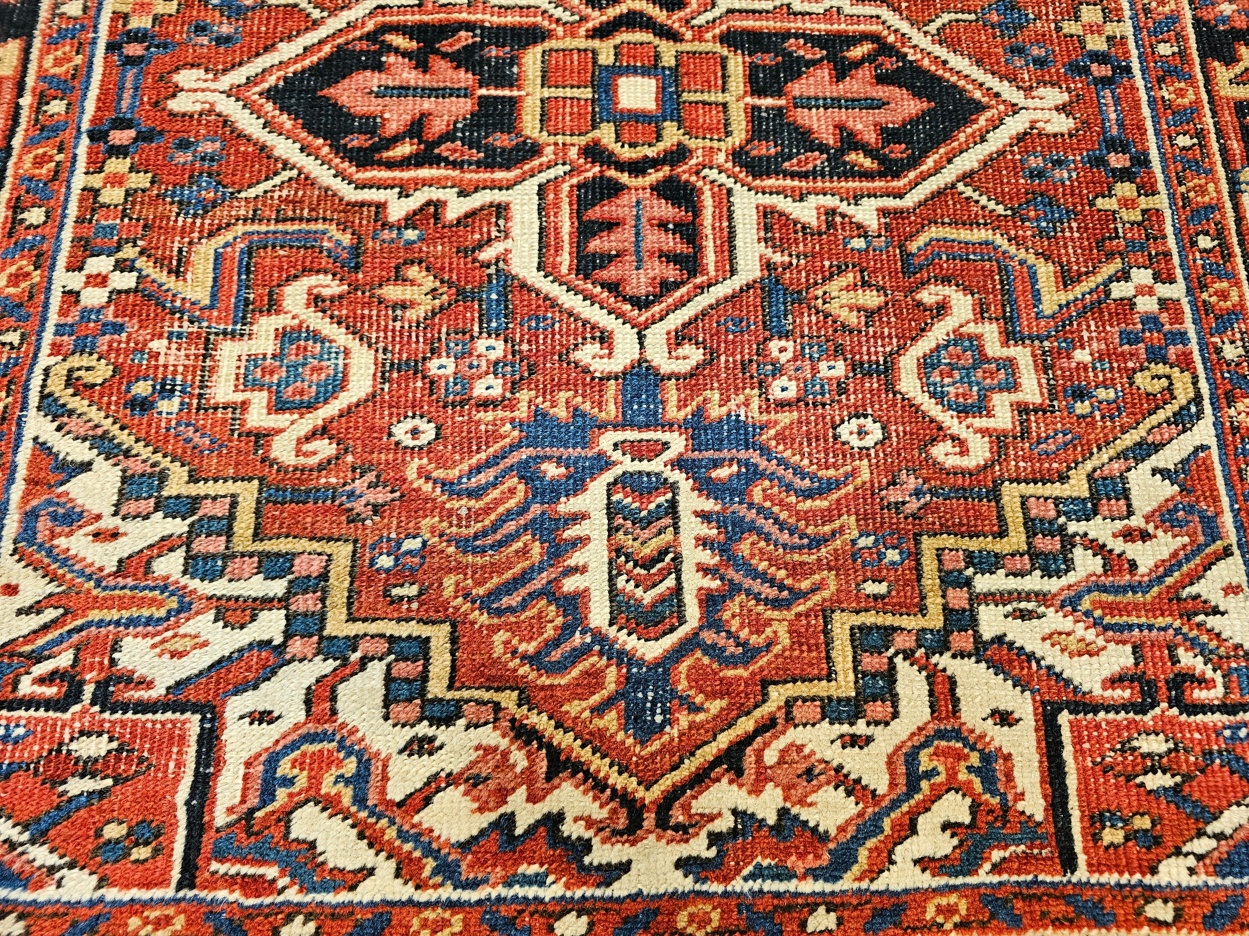 Wool Vintage Persian Heriz Serapi Near Square Area Rug in Green, Blue, Ivory, Red For Sale