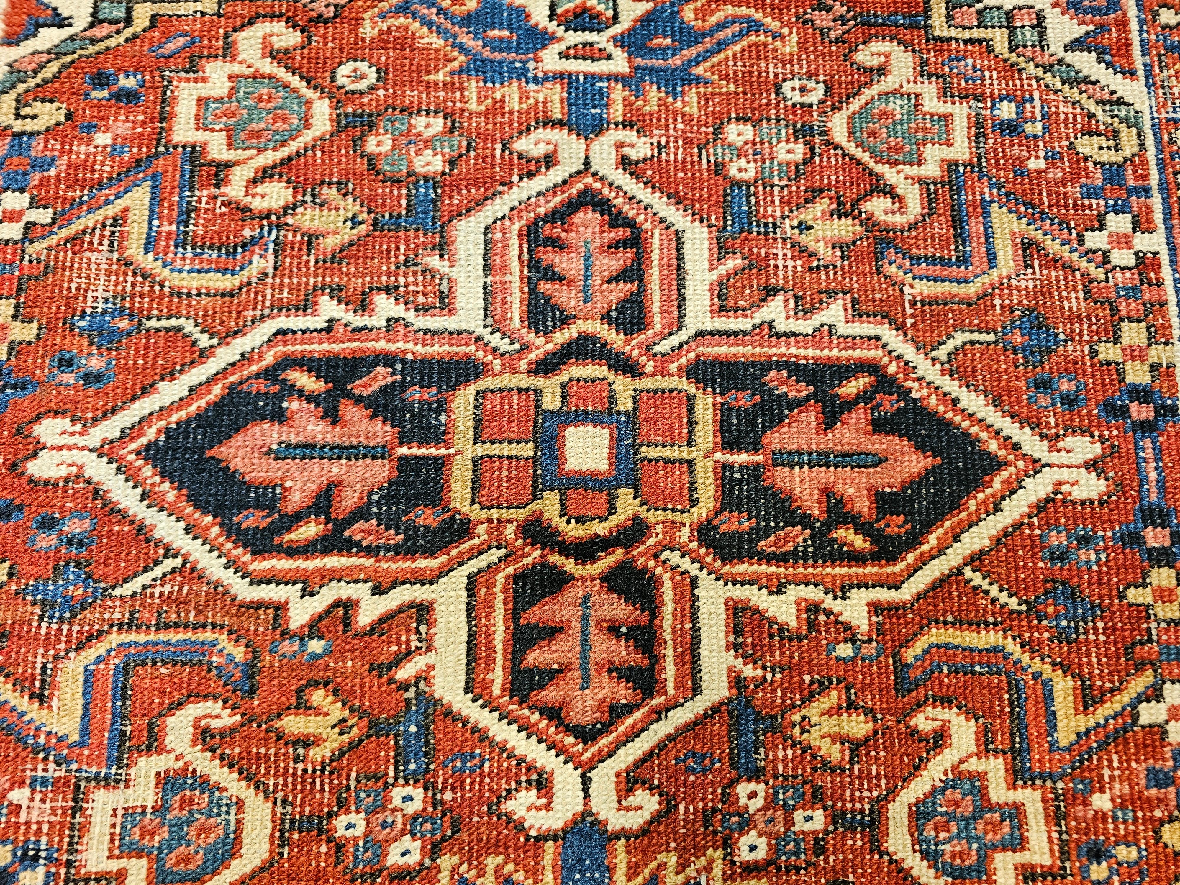 Vintage Persian Heriz Serapi Near Square Area Rug in Green, Blue, Ivory, Red For Sale 1