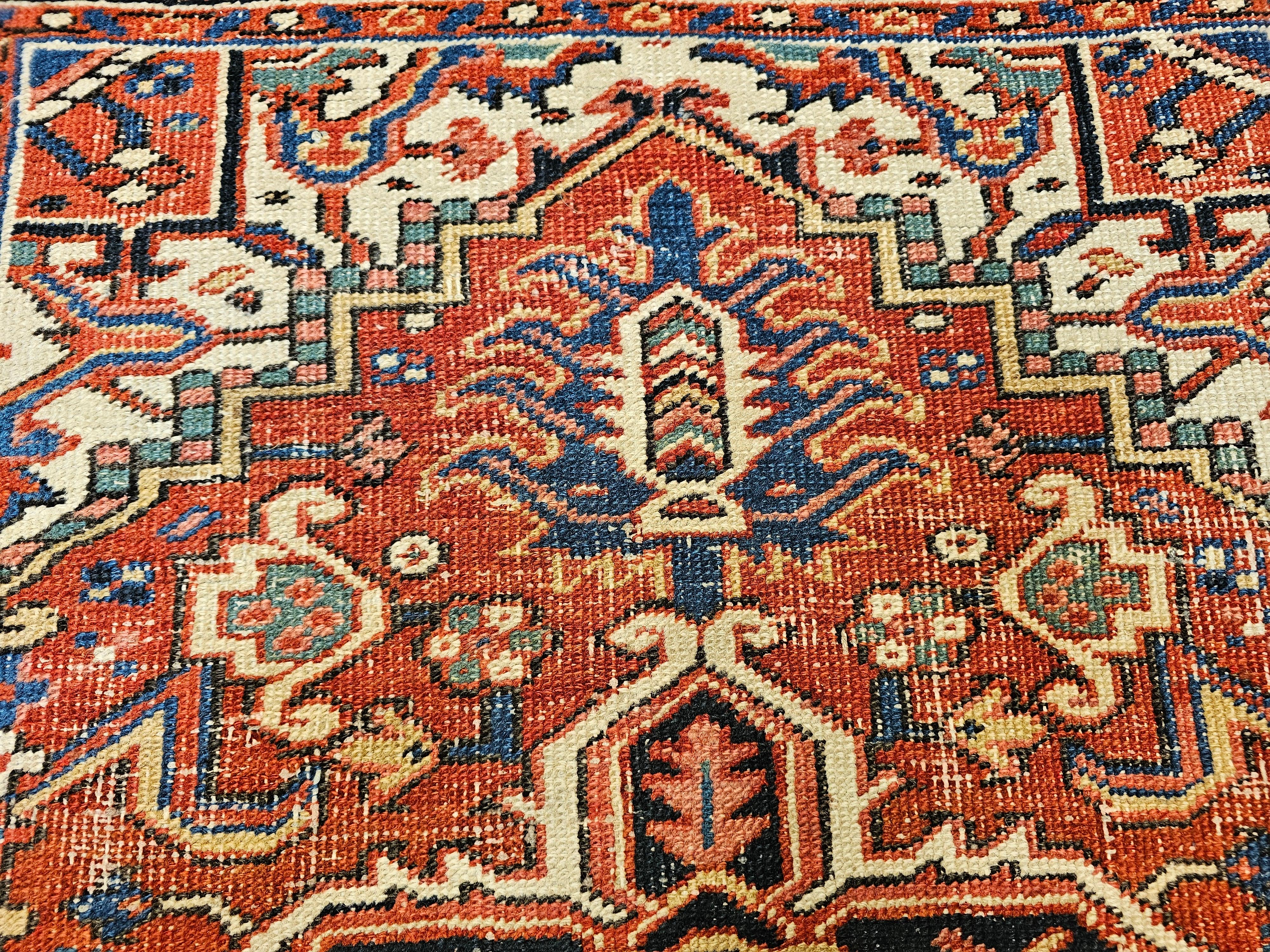 Vintage Persian Heriz Serapi Near Square Area Rug in Green, Blue, Ivory, Red For Sale 2