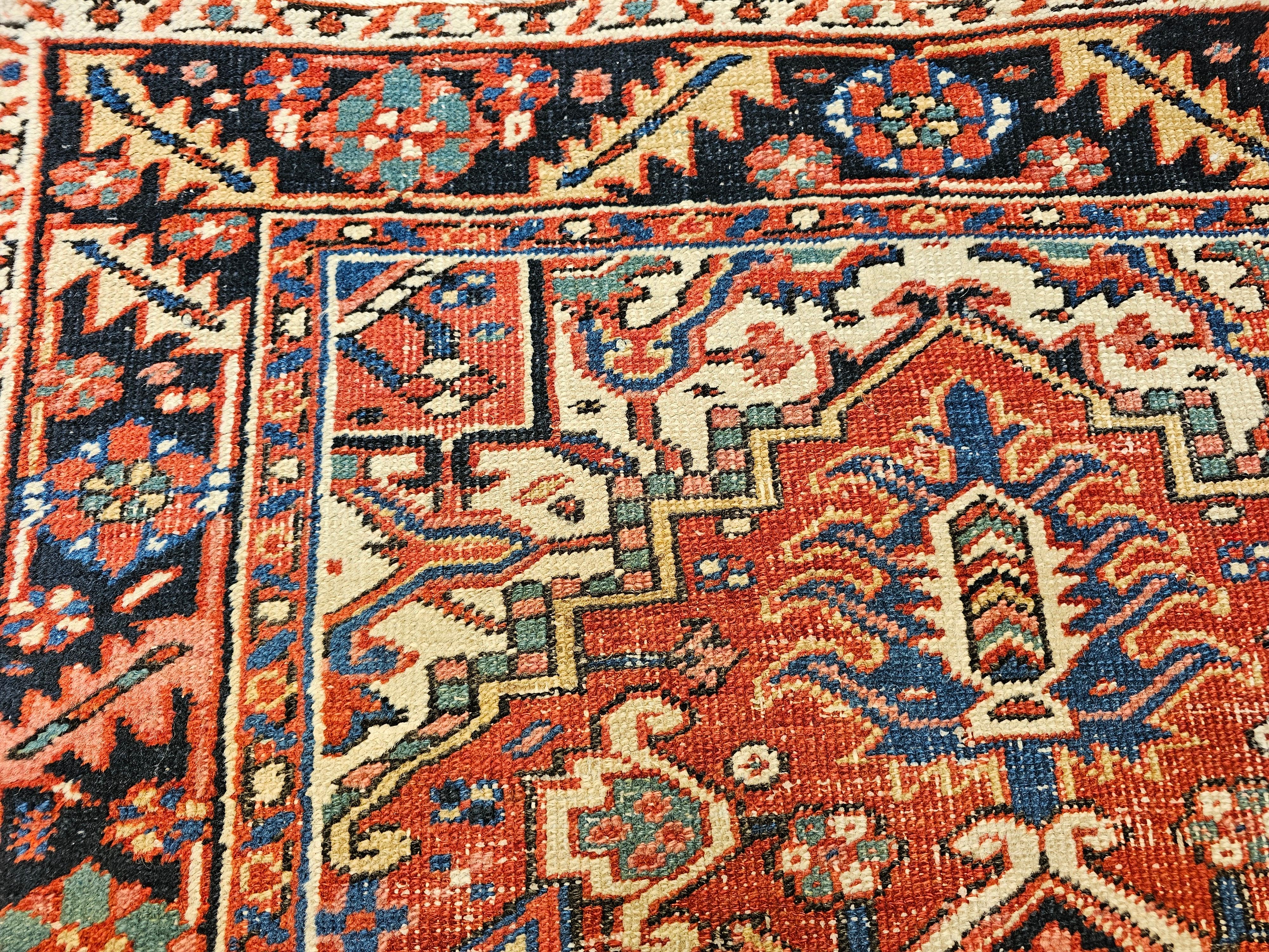 Vintage Persian Heriz Serapi Near Square Area Rug in Green, Blue, Ivory, Red For Sale 3