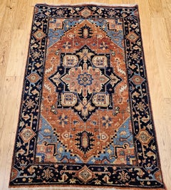 Vintage Persian Persian Heriz Serapi Area Rug in Blue, Rust, Navy