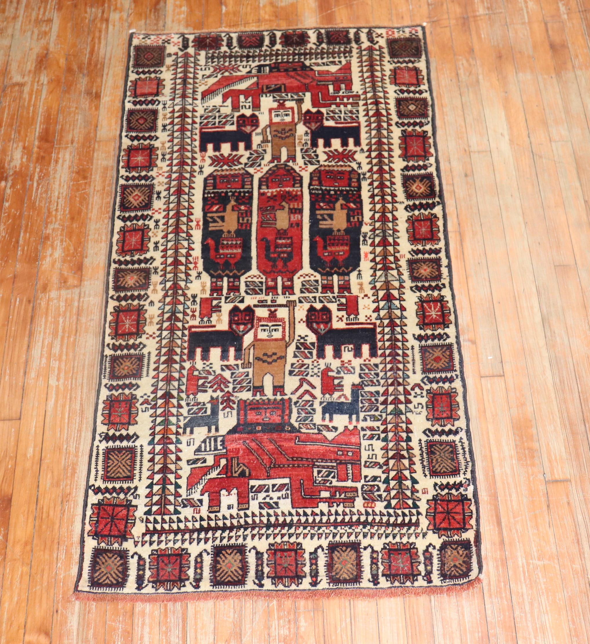 Folk Art Vintage Persian Pictorial Balouch Rug For Sale