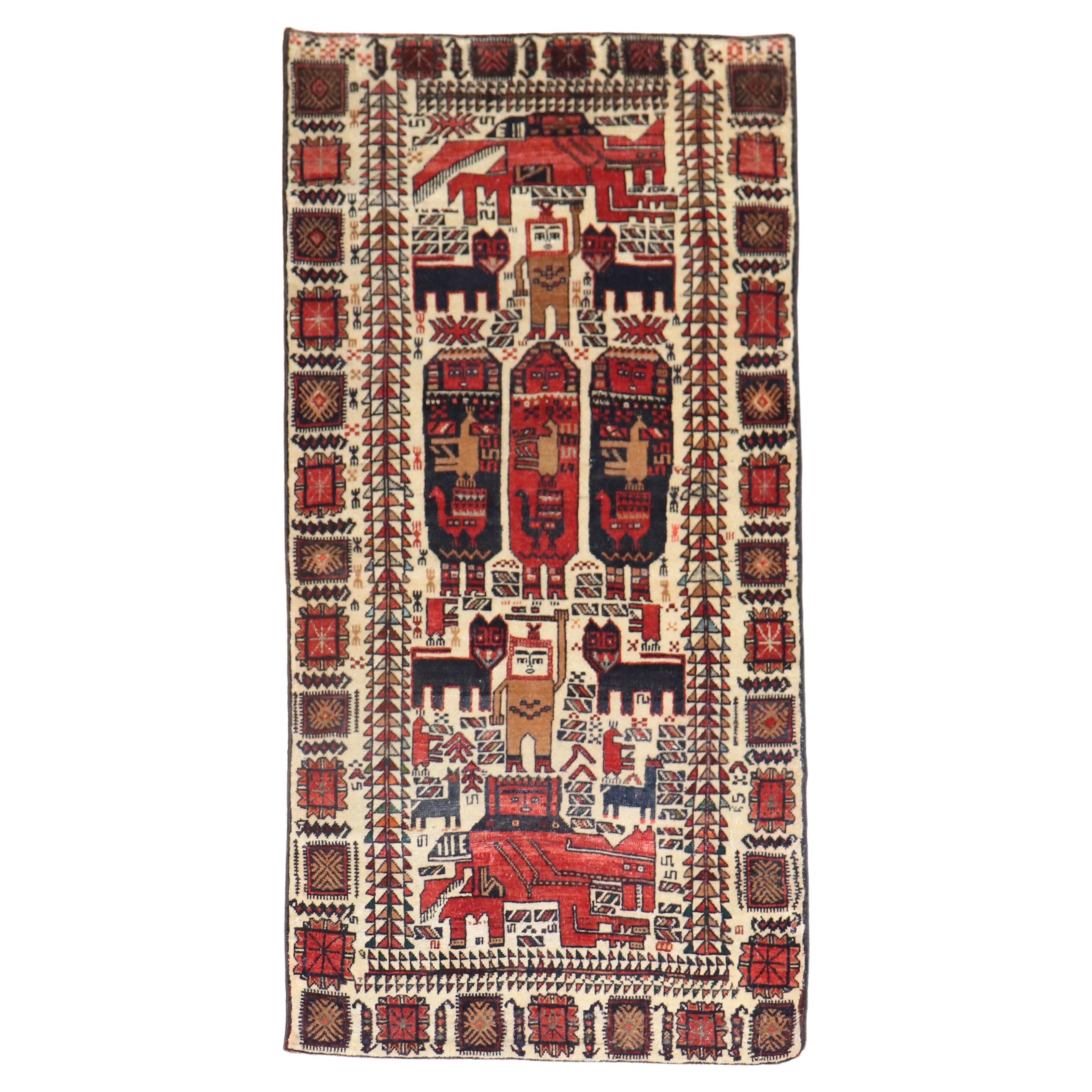 Vintage Persian Pictorial Balouch Rug For Sale