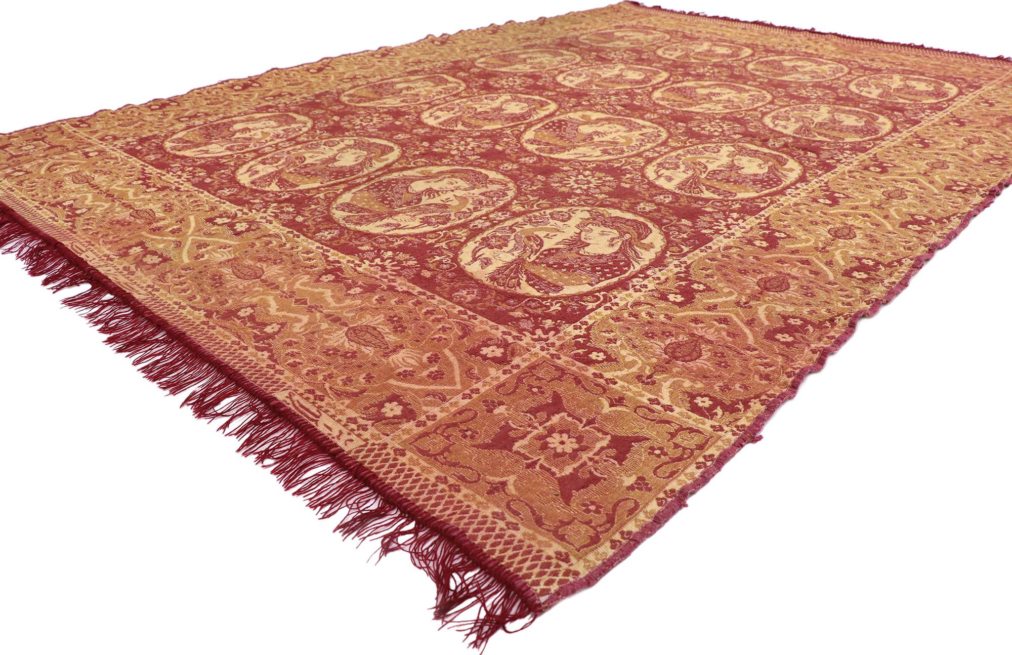 77690 Tapis persan vintage pictural, 06'04 x 08'11. Cet exquis tapis pictural persan vintage en laine nouée à la main, qui se double d'une tapisserie envoûtante, dévoile un design compartimenté envoûtant. Des médaillons en miroir enchantent