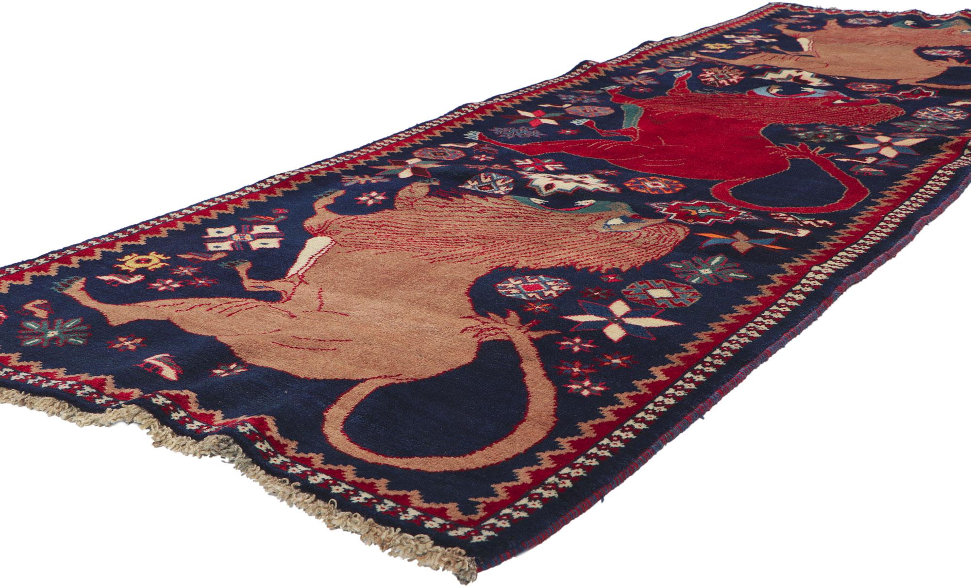 61055 Vintage Persian Qashqai Gabbeh Rug with Zoomorphic Design 03'03 x 09'03. Reminiscences of an exotic journey and worldly sophistication, this hand-knotted wool vintage Persian Qashqai Gabbeh rug is a captivating vision of woven beauty. The