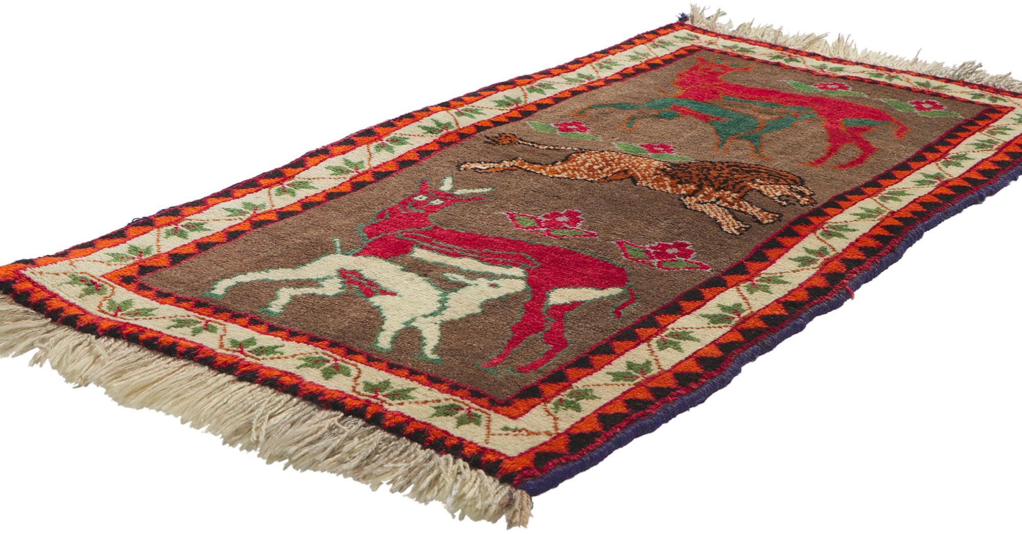 61055 Vintage Persian Qashqai Gabbeh Rug with Zoomorphic Design 02'03 x 04'03. Reminiscences of an exotic journey and worldly sophistication, this hand-knotted wool vintage Persian Qashqai Gabbeh rug is a captivating vision of woven beauty. The