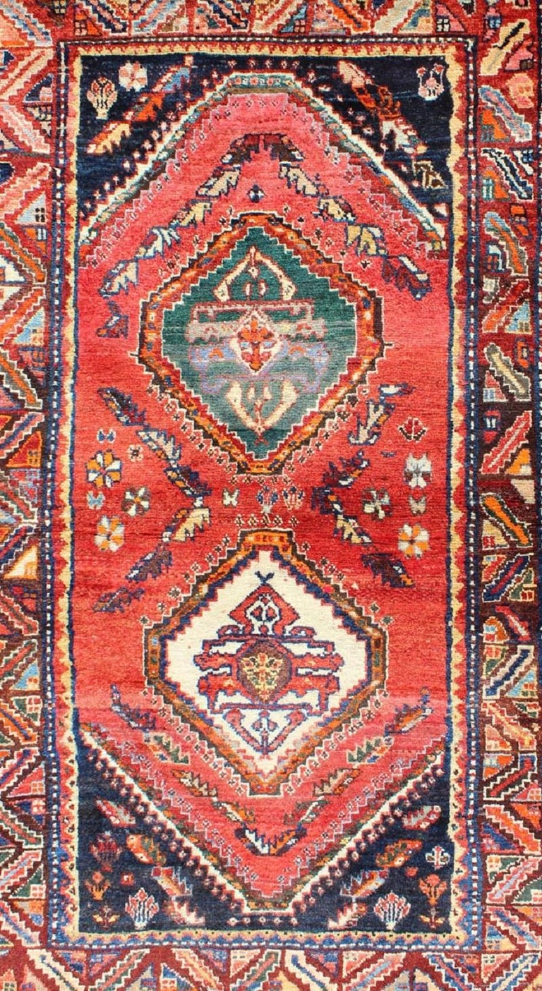 Vintage Persian Qashqai Rug with Dual Diamond Tribal Medallions in Red