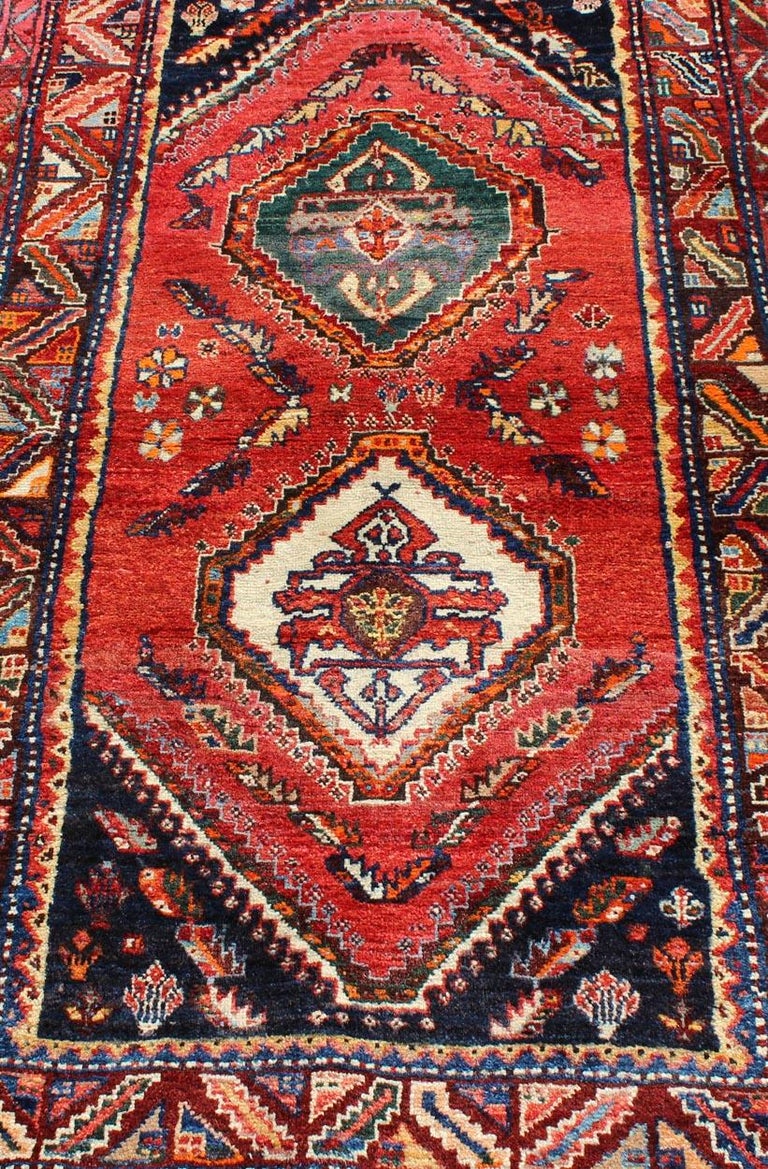Vintage Persian Qashqai Rug with Dual Diamond Tribal Medallions in Red