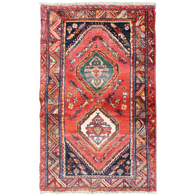 Vintage Persian Qashqai Rug With Dual Diamond Tribal Medallions In Red And Onyx For Sale At 1stdibs