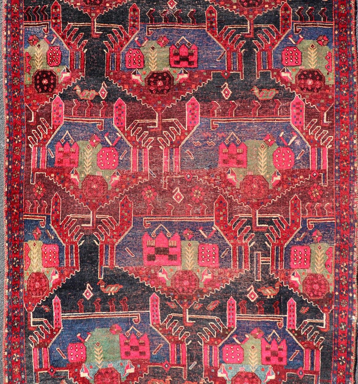 Persiano Vintage Persian Qashqai Rug with Vibrant Tribal Motifs 4'6 x 9'8 in vendita