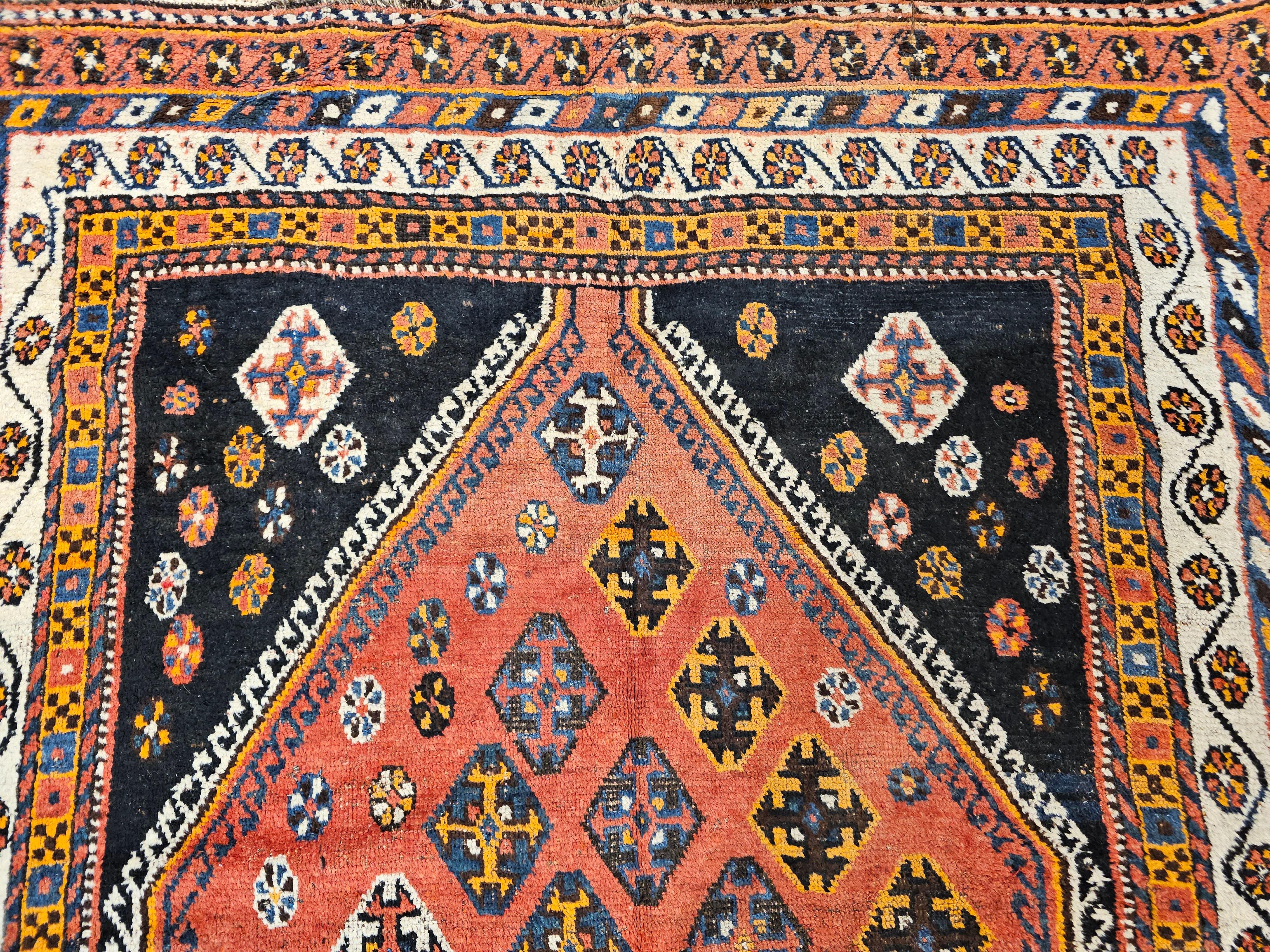 Vintage Persian Qashqai Tribal Area Rug in Rust, Ivory, Blue, Yellow, Black For Sale 4