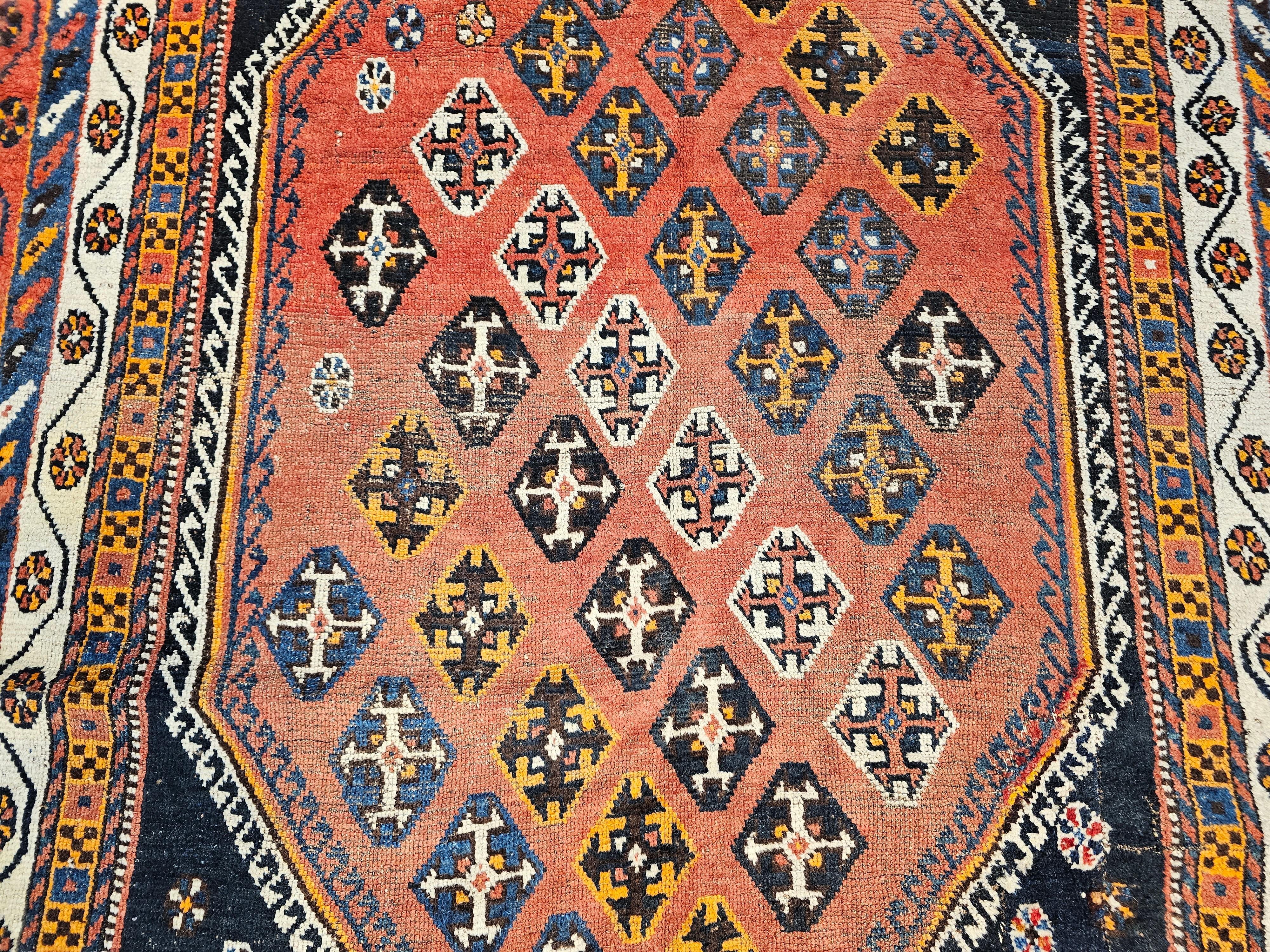Vintage Persian Qashqai Tribal Area Rug in Rust, Ivory, Blue, Yellow, Black For Sale 5