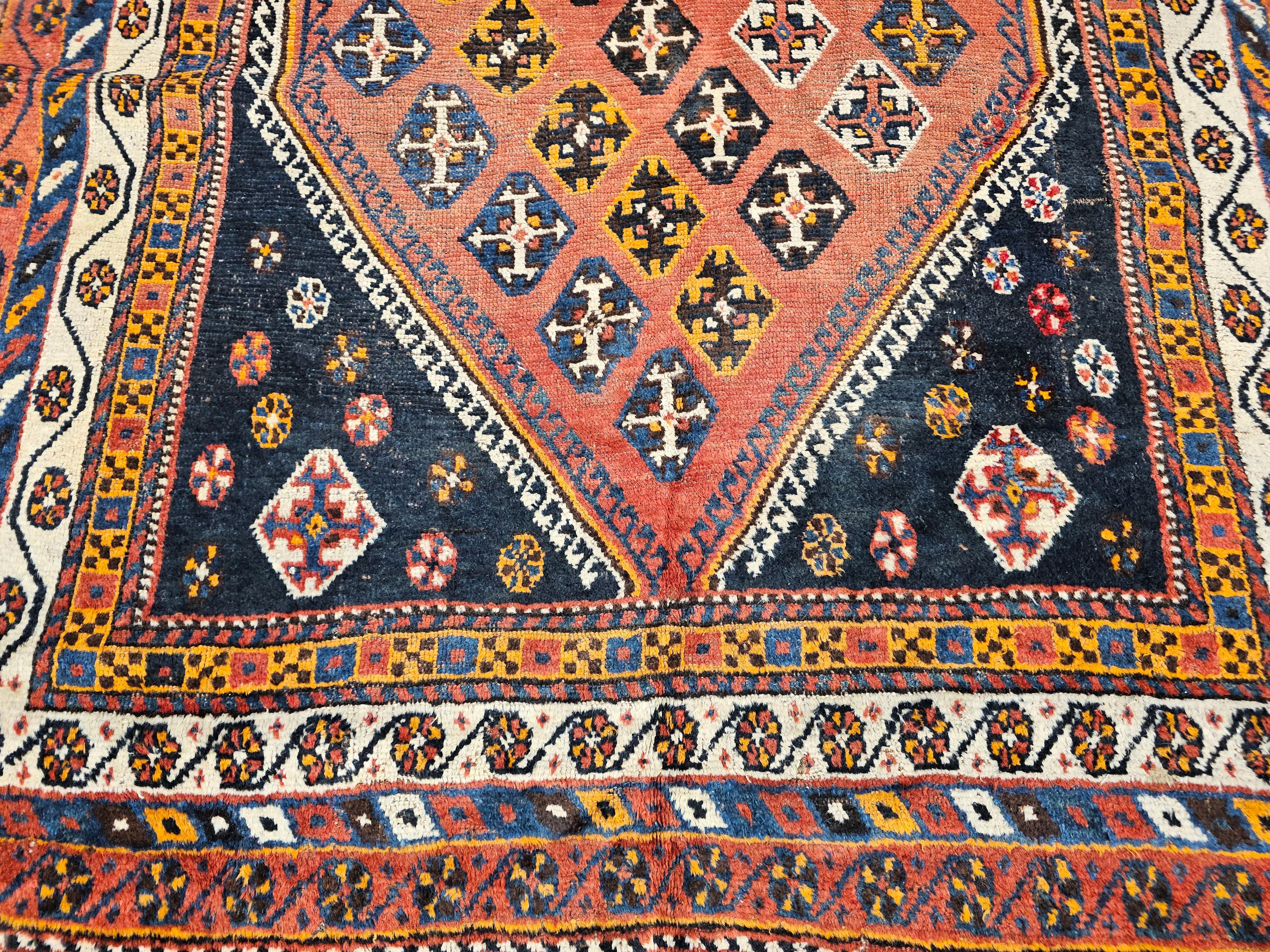 Vintage Persian Qashqai Tribal Area Rug in Rust, Ivory, Blue, Yellow, Black For Sale 6