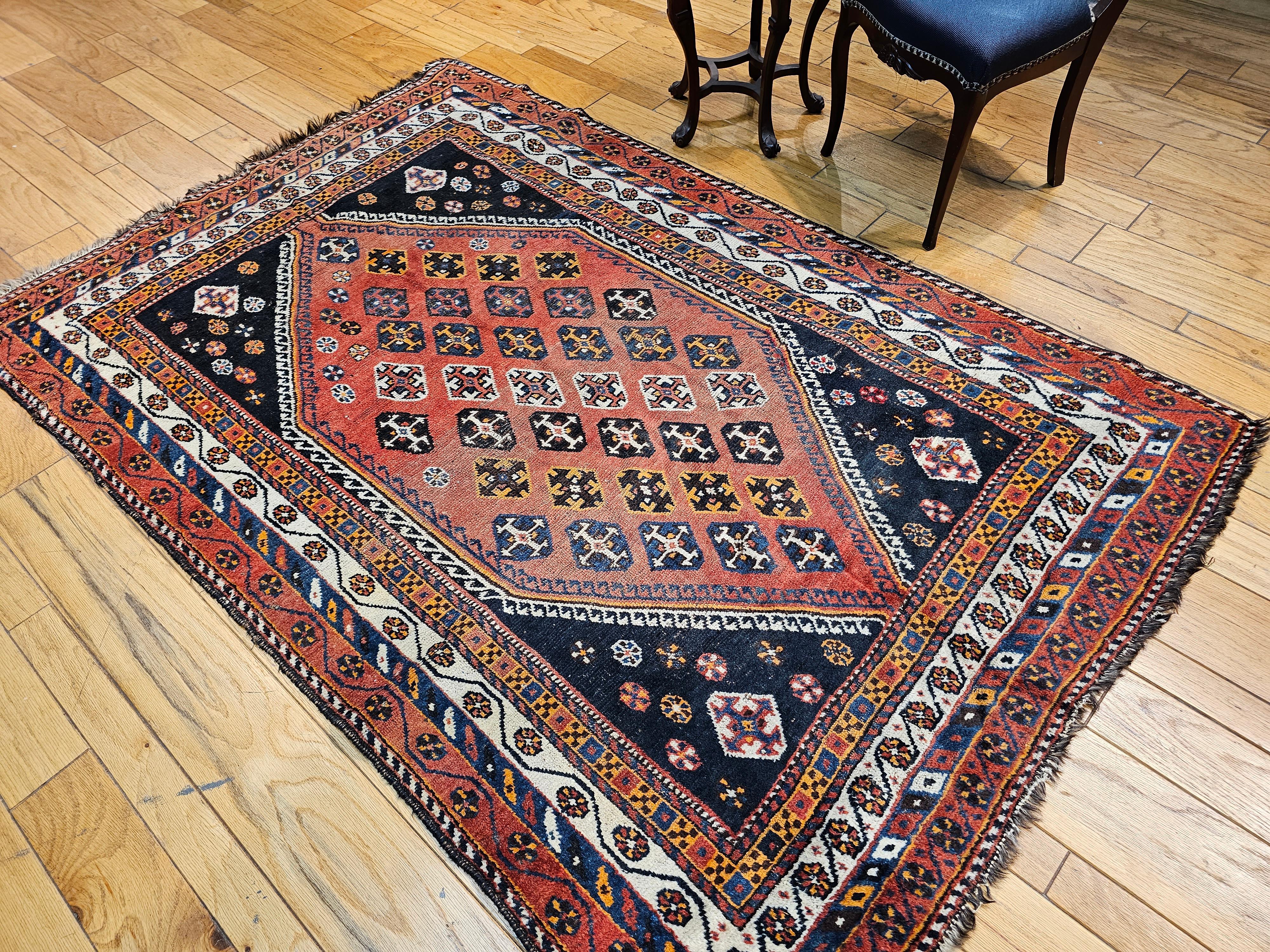 Vintage Persian Qashqai Tribal Area Rug in Rust, Ivory, Blue, Yellow, Black For Sale 7