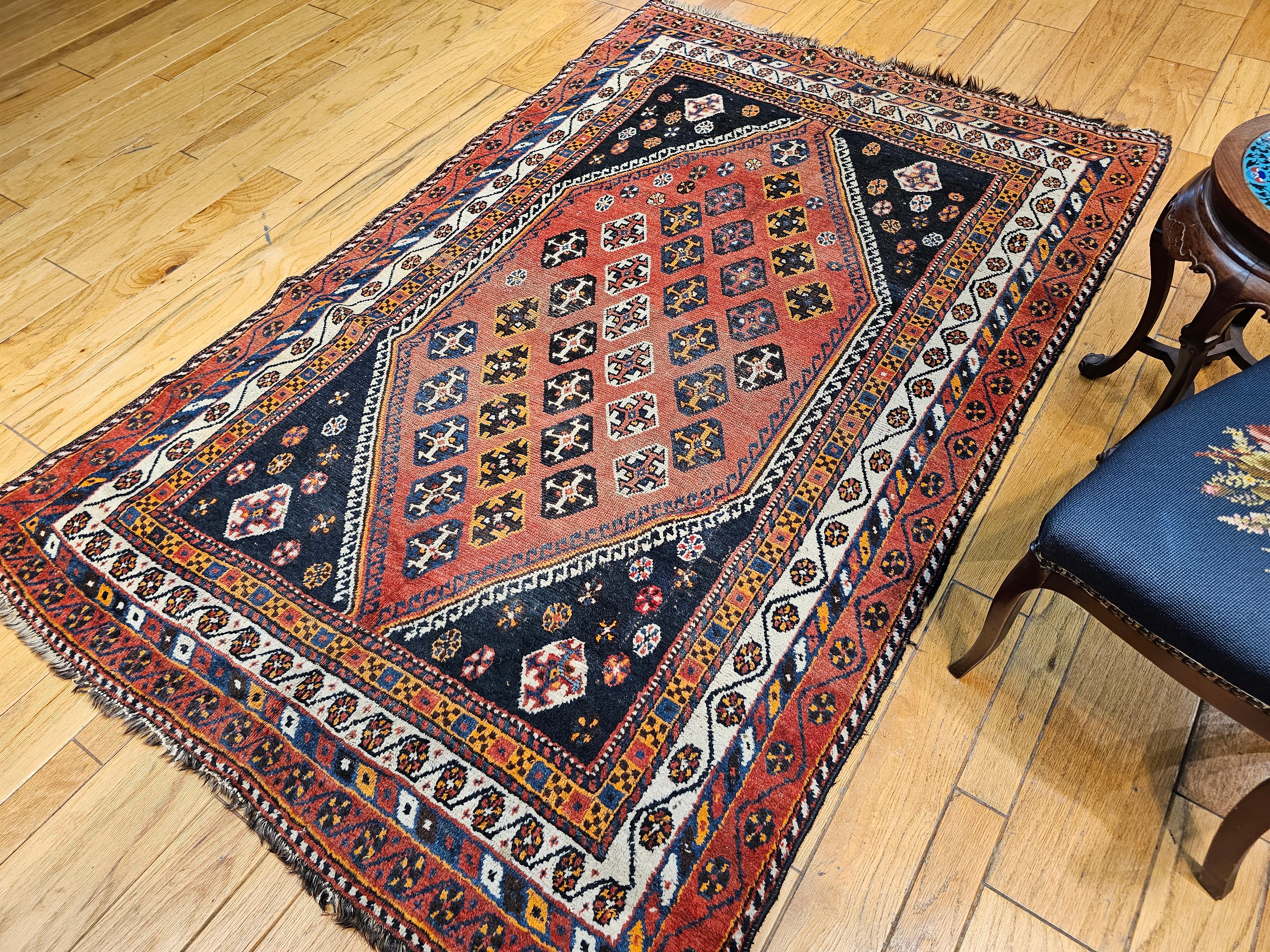 Vintage Persian Qashqai Tribal Area Rug in Rust, Ivory, Blue, Yellow, Black For Sale 8
