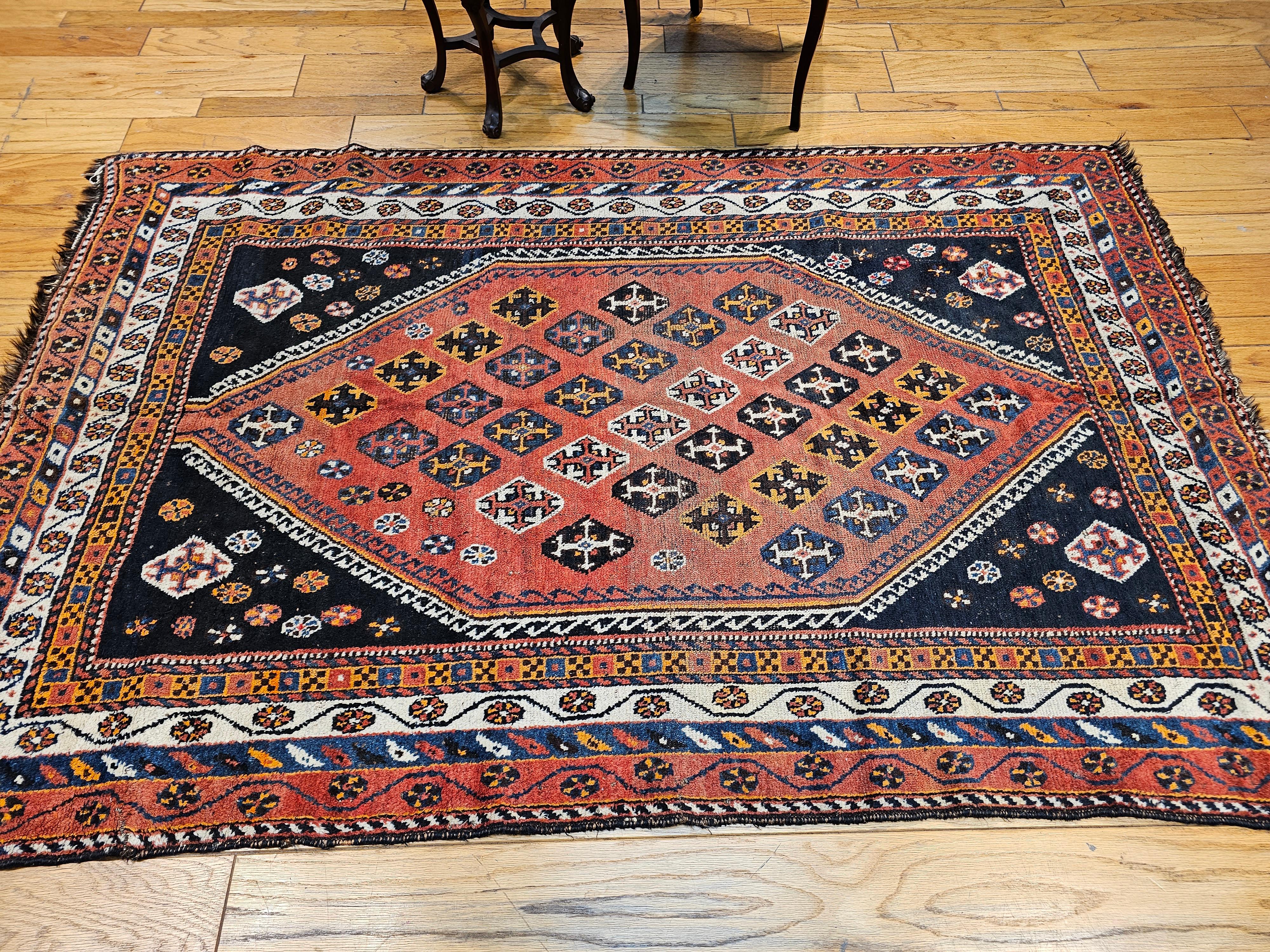 Vintage Persian Qashqai Tribal Area Rug in Rust, Ivory, Blue, Yellow, Black For Sale 9