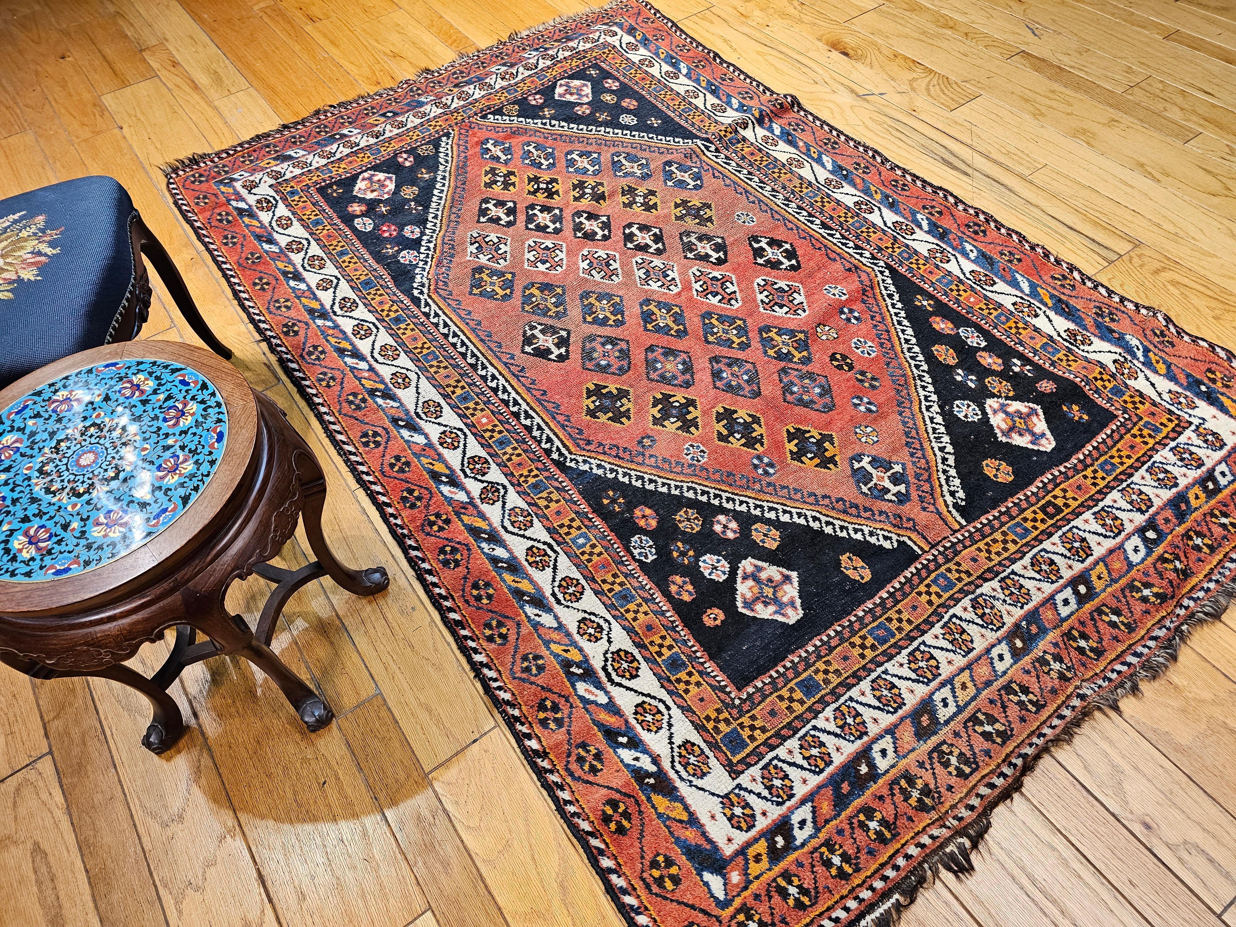 Vintage Persian Qashqai Tribal Area Rug in Rust, Ivory, Blue, Yellow, Black For Sale 10