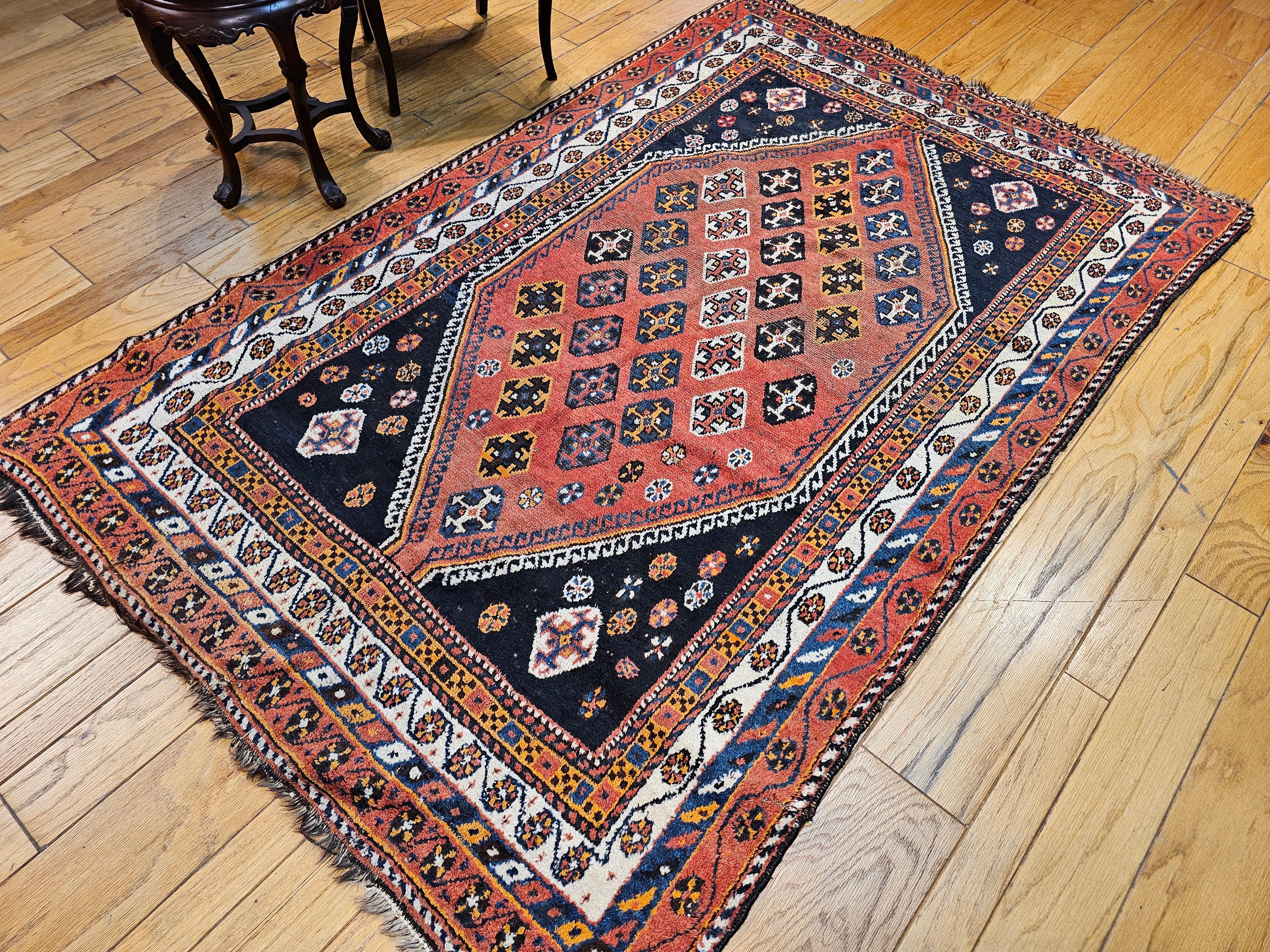 Vintage Persian Qashqai Tribal Area Rug in Rust, Ivory, Blue, Yellow, Black For Sale 11