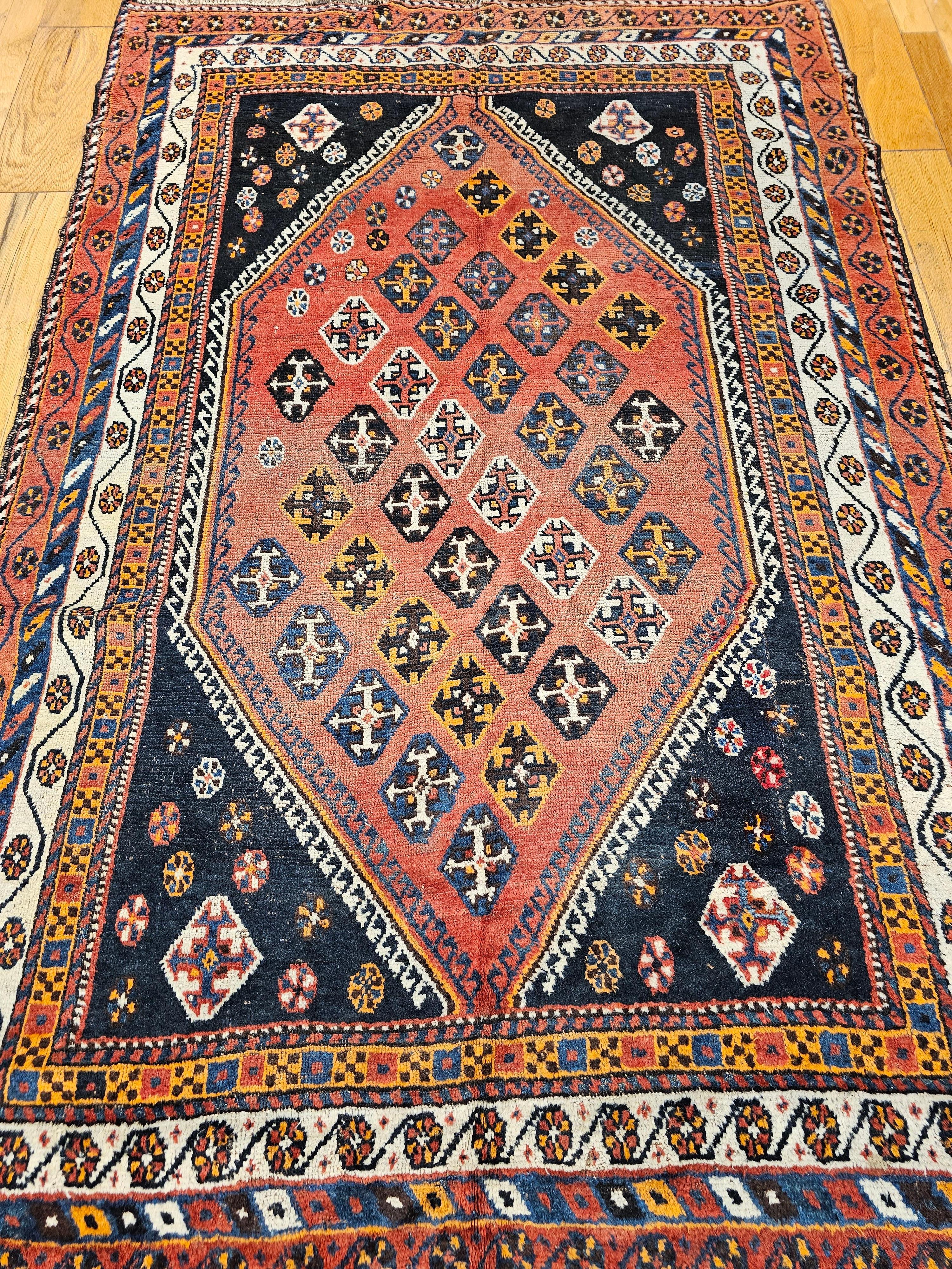 Vintage Persian Qashqai Tribal Area Rug in Rust, Ivory, Blue, Yellow, Black For Sale 12