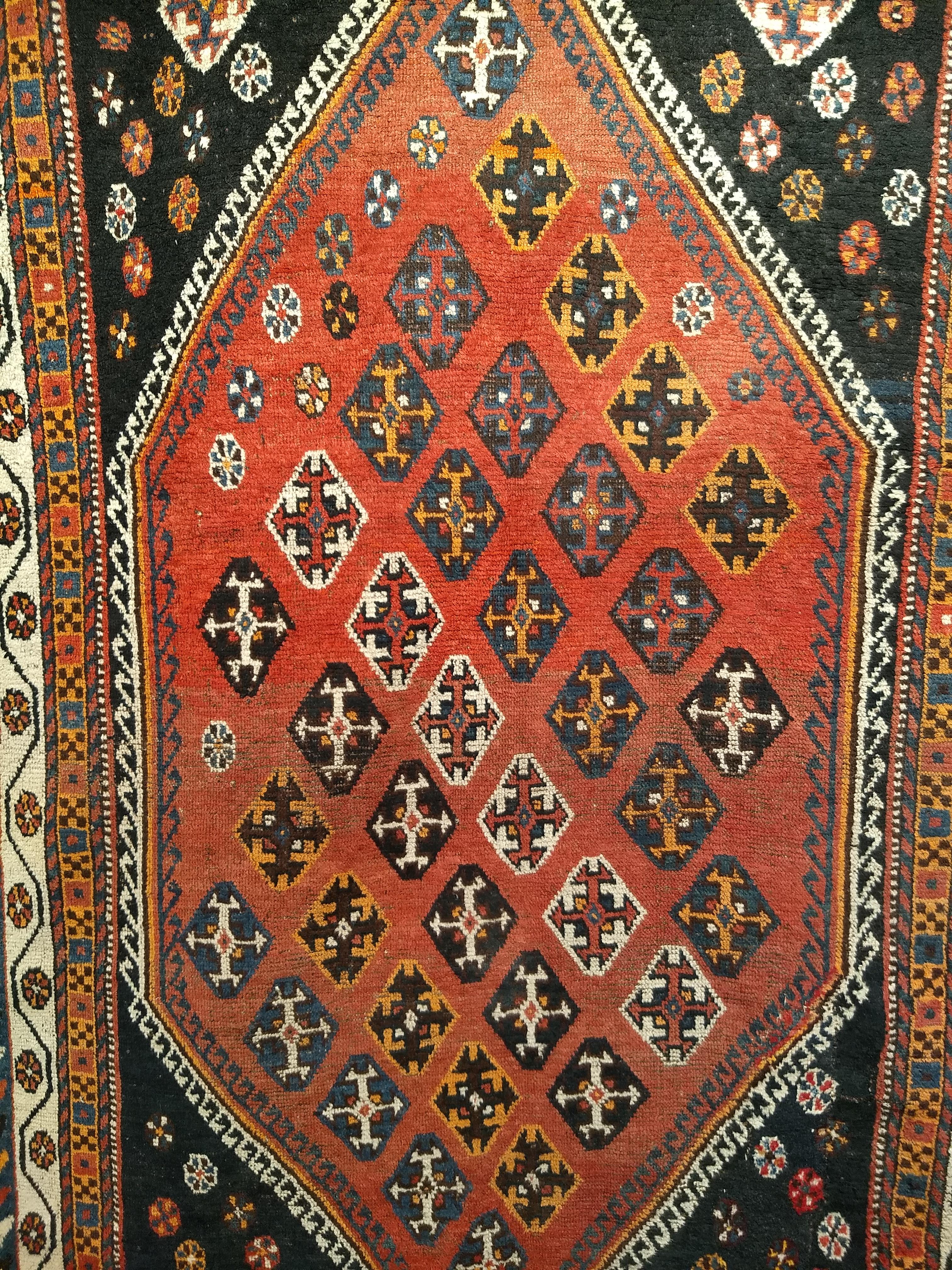 Vintage Persian Qashqai Tribal Area Rug in Rust, Ivory, Blue, Yellow, Black In Good Condition For Sale In Barrington, IL