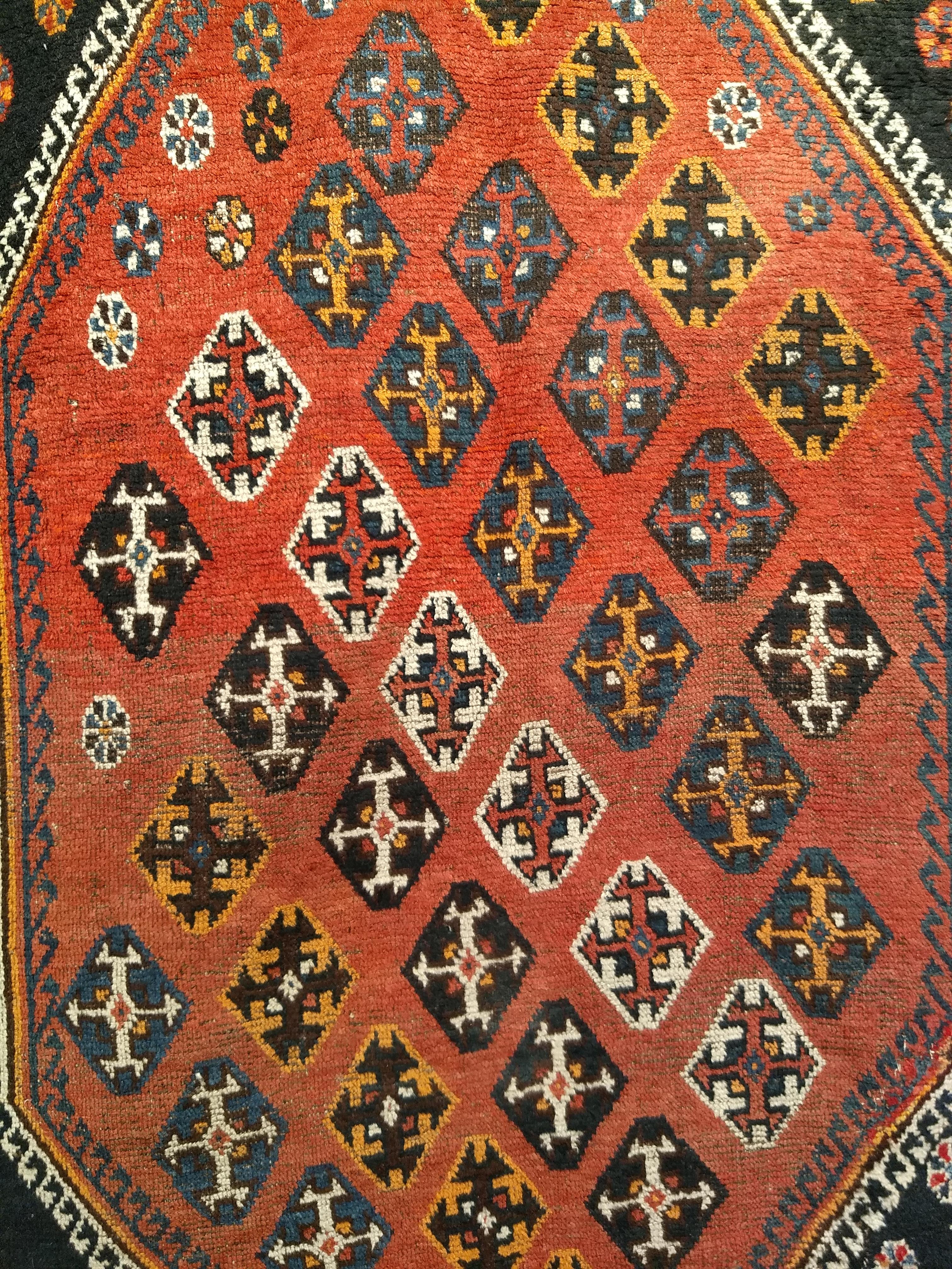 20th Century Vintage Persian Qashqai Tribal Area Rug in Rust, Ivory, Blue, Yellow, Black For Sale