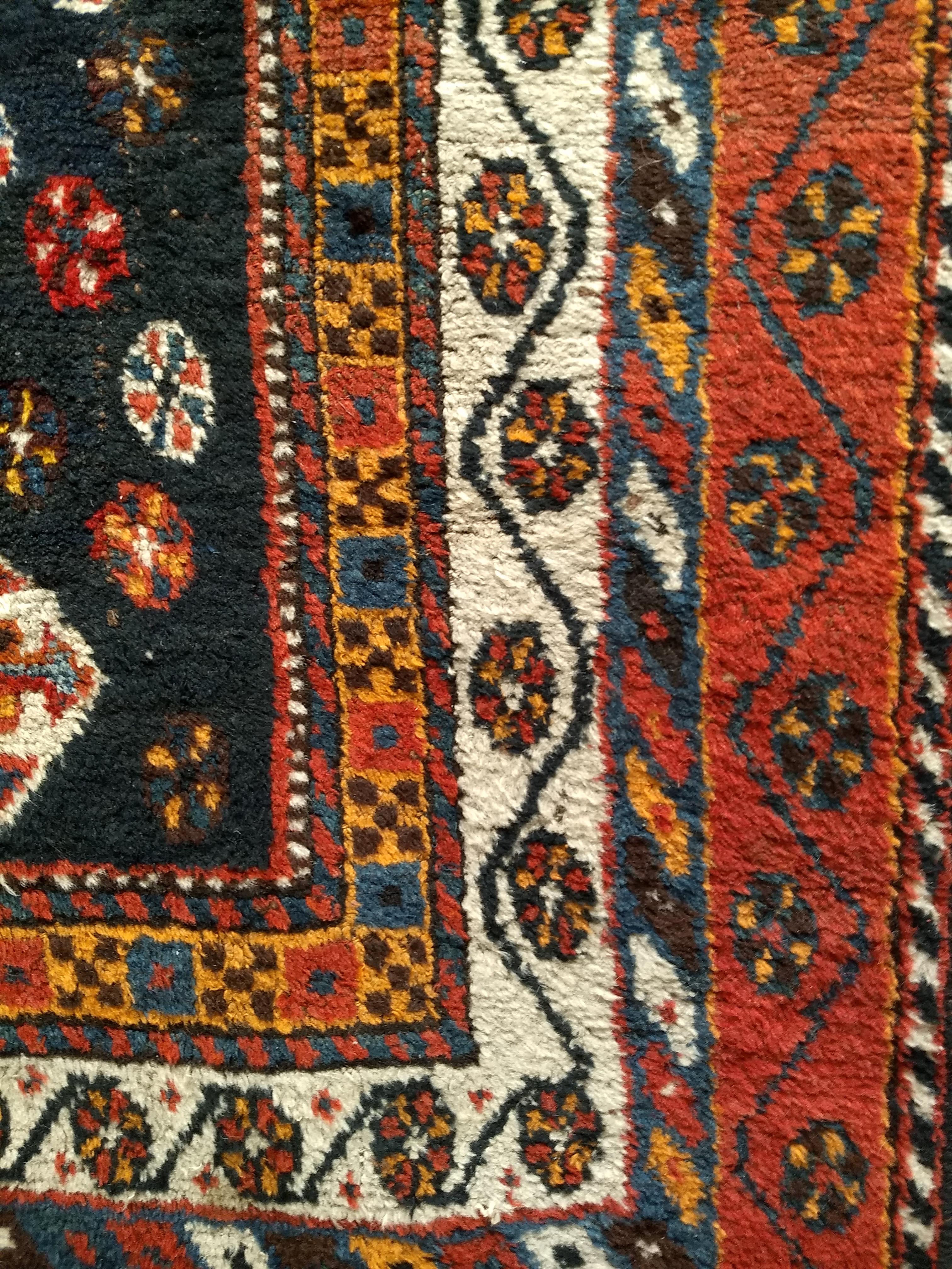 Vintage Persian Qashqai Tribal Area Rug in Rust, Ivory, Blue, Yellow, Black For Sale 1