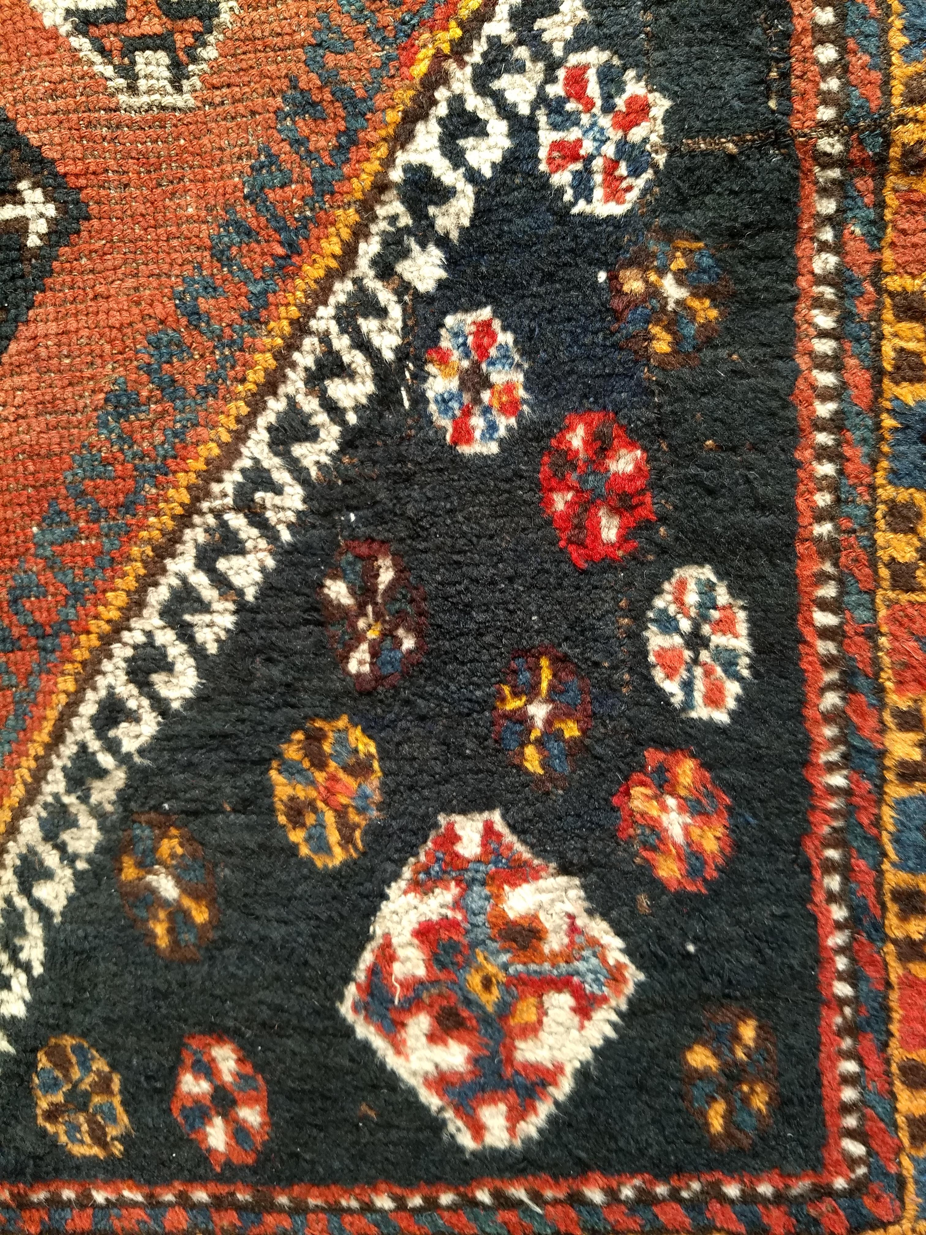 Vintage Persian Qashqai Tribal Area Rug in Rust, Ivory, Blue, Yellow, Black For Sale 3