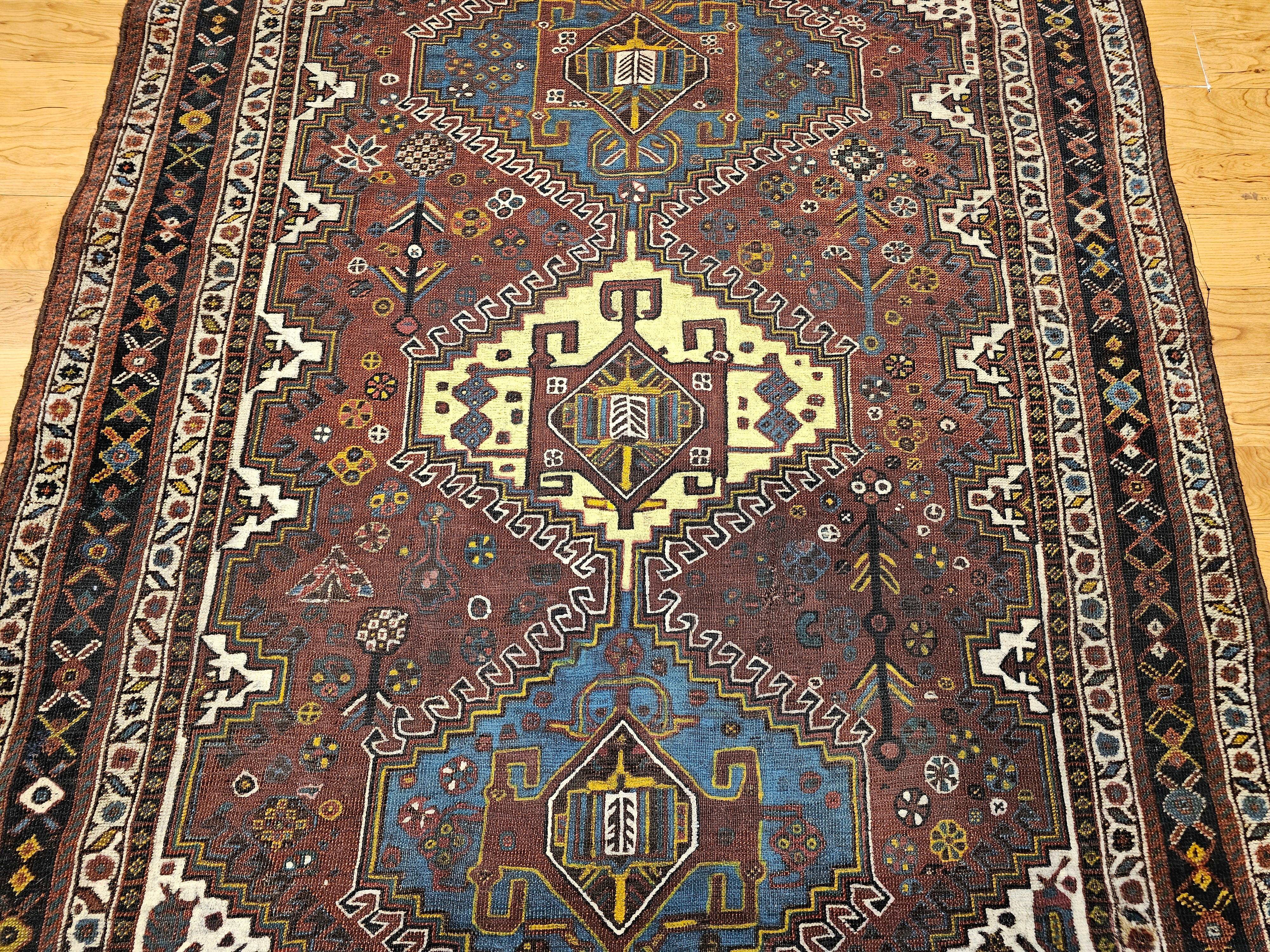 Vintage Persian Qashqai Tribal Area Rug in Rust, Ivory, Royal Blue, Yellow, Navy For Sale 1