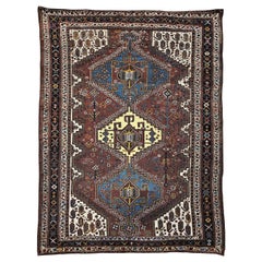 Antique Persian Qashqai Tribal Area Rug in Rust, Ivory, Royal Blue, Yellow, Navy