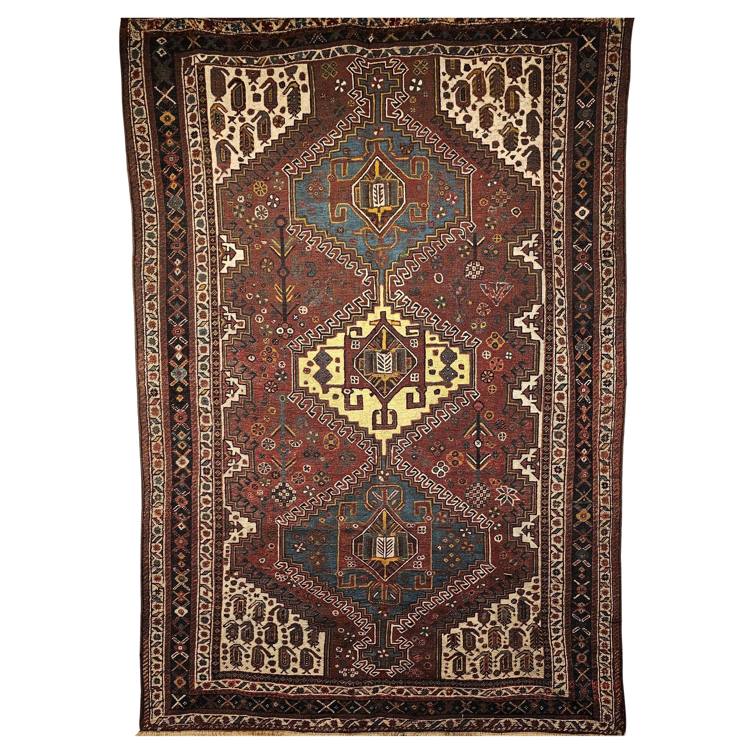Vintage Persian Qashqai Tribal Area Rug in Rost, Elfenbein, Königsblau, Gelb, Marine
