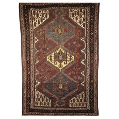 Vintage Persian Qashqai Tribal Area Rug in Rost, Elfenbein, Königsblau, Gelb, Marine Vintage Persian Qashqai Tribal Area Rug in Rost, Elfenbein, Königsblau, Gelb, Marine