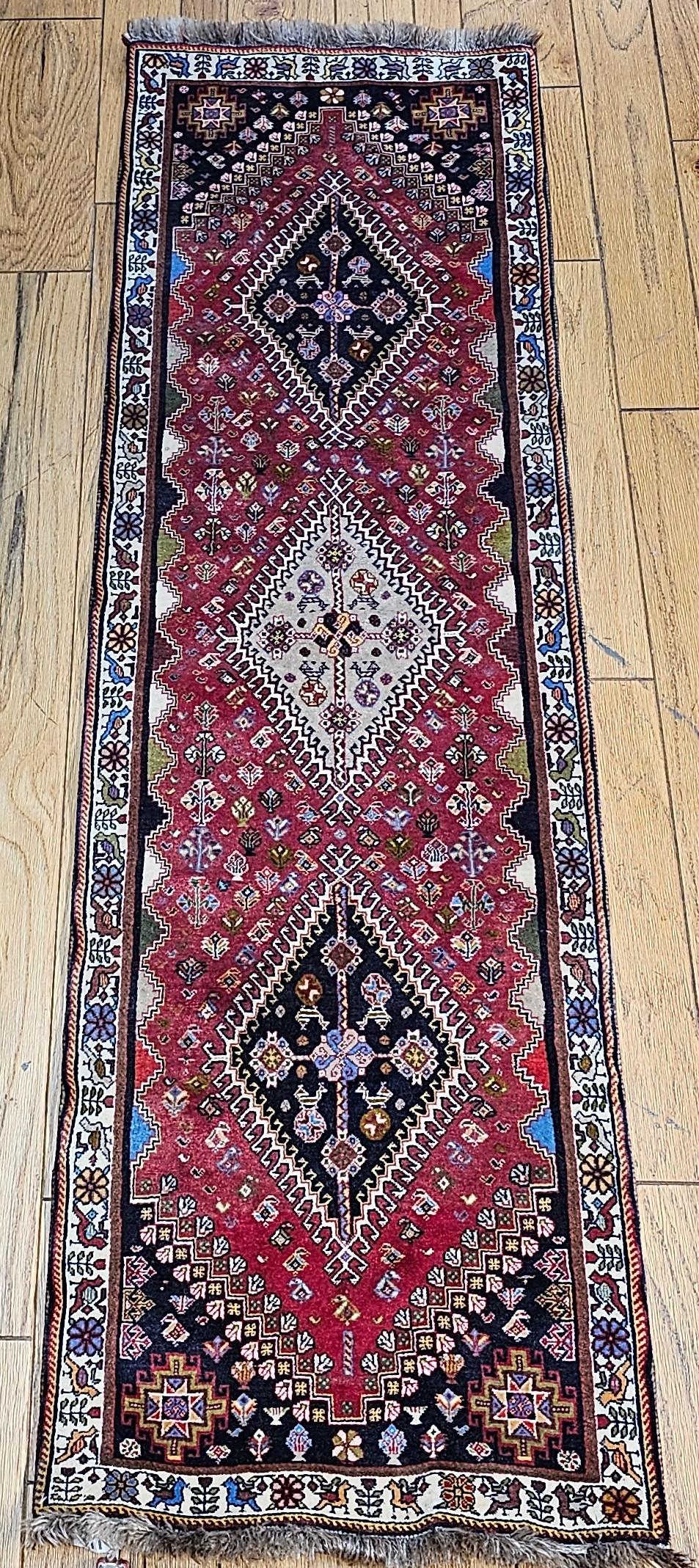 Vintage Persian Qashqai Tribal Gabbeh Runner in Red, Navy, Ivory, Blue For Sale 9