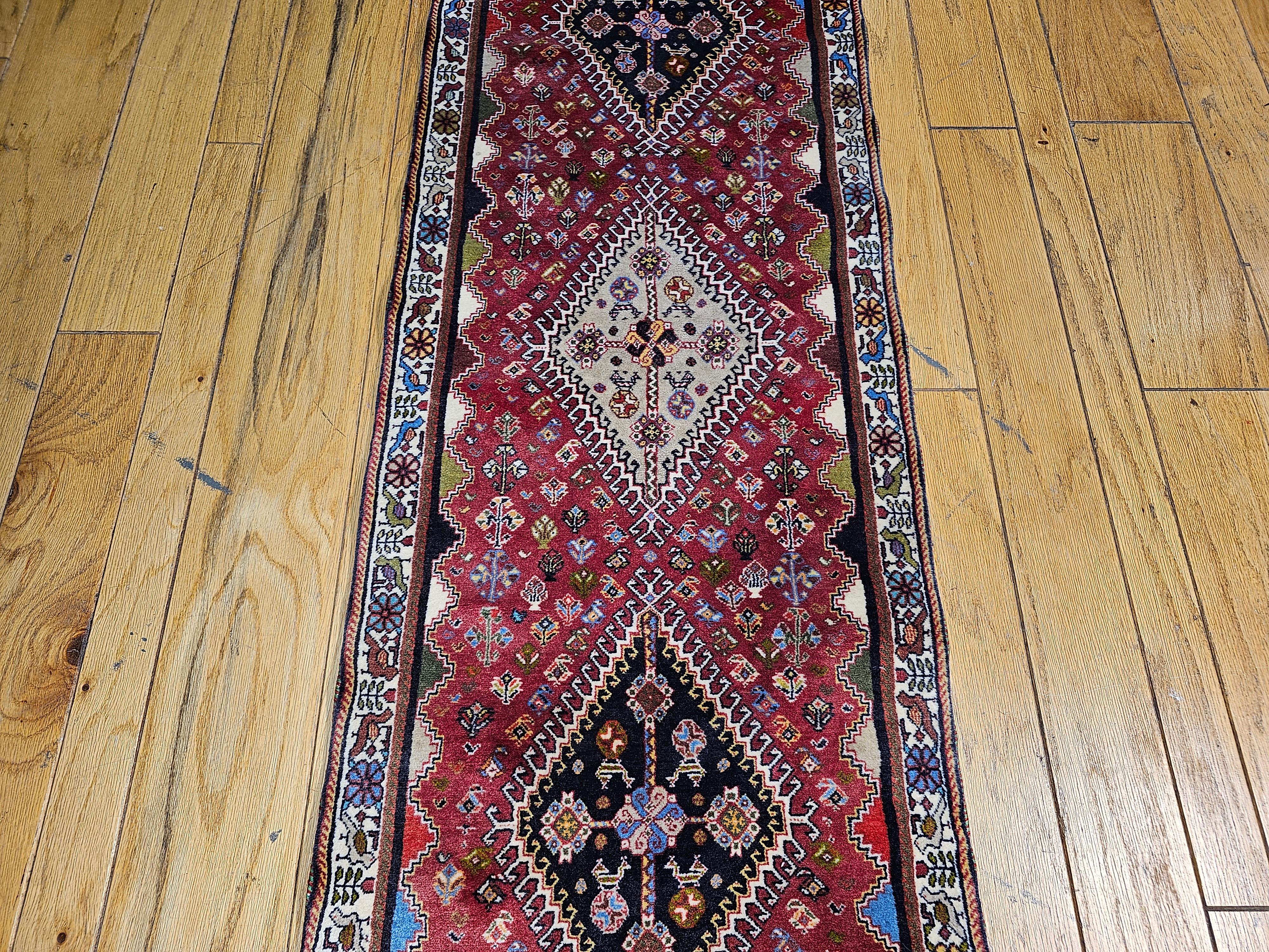 Vintage Persian Qashqai Tribal Gabbeh Runner in Red, Navy, Ivory, Blue In Excellent Condition For Sale In Barrington, IL