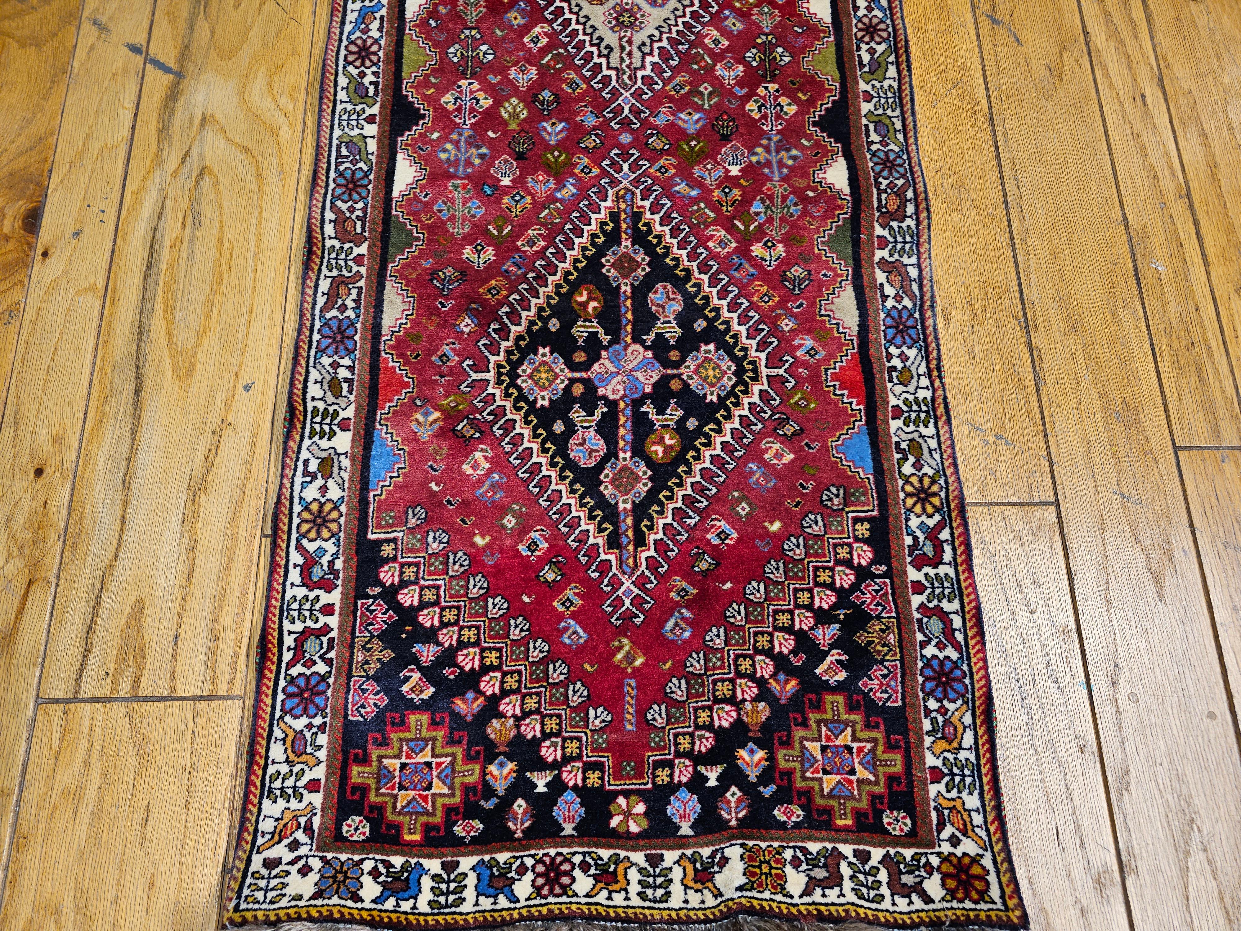 20th Century Vintage Persian Qashqai Tribal Gabbeh Runner in Red, Navy, Ivory, Blue For Sale