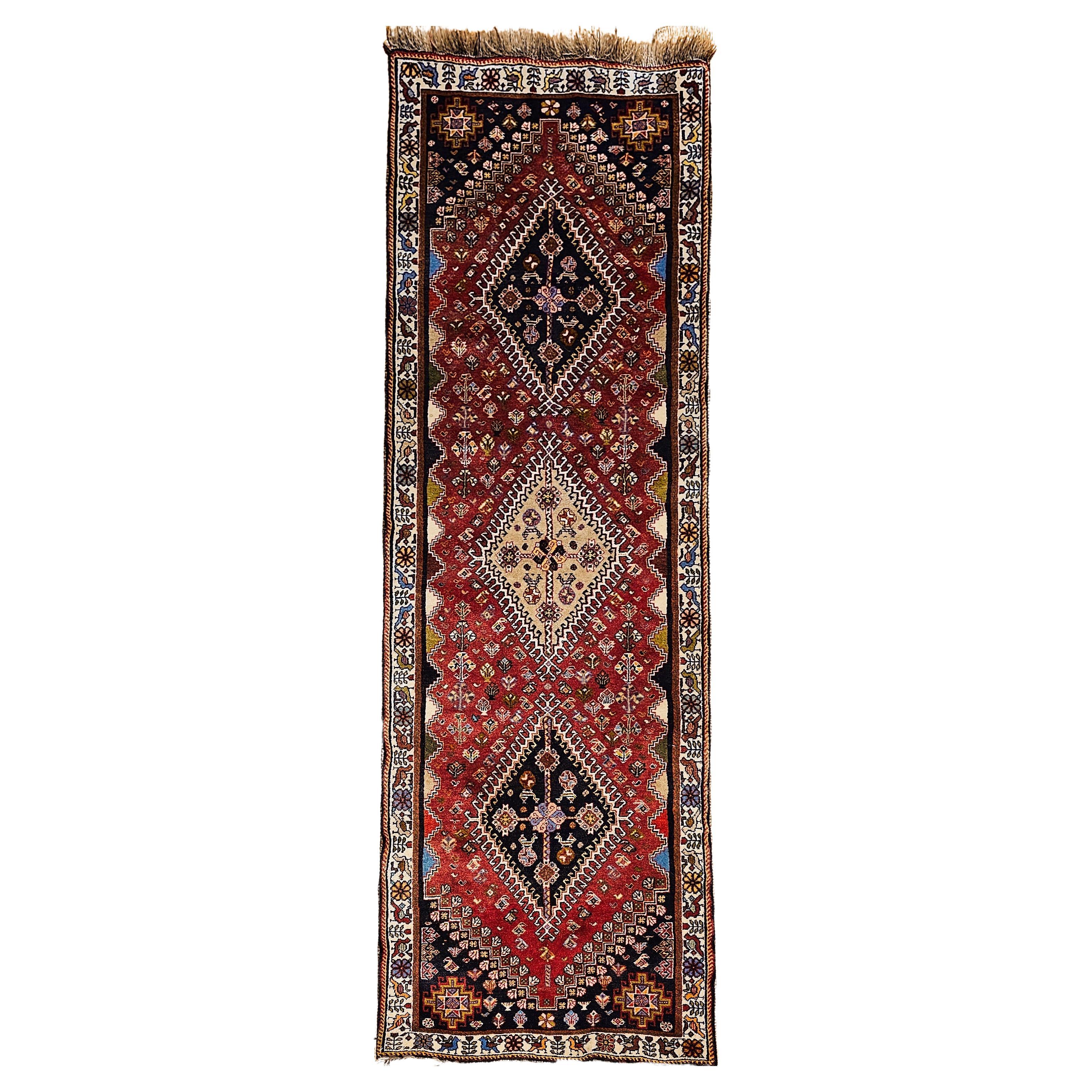 Vintage Persian Qashqai Tribal Gabbeh Runner in Red, Navy, Ivory, Blue For Sale