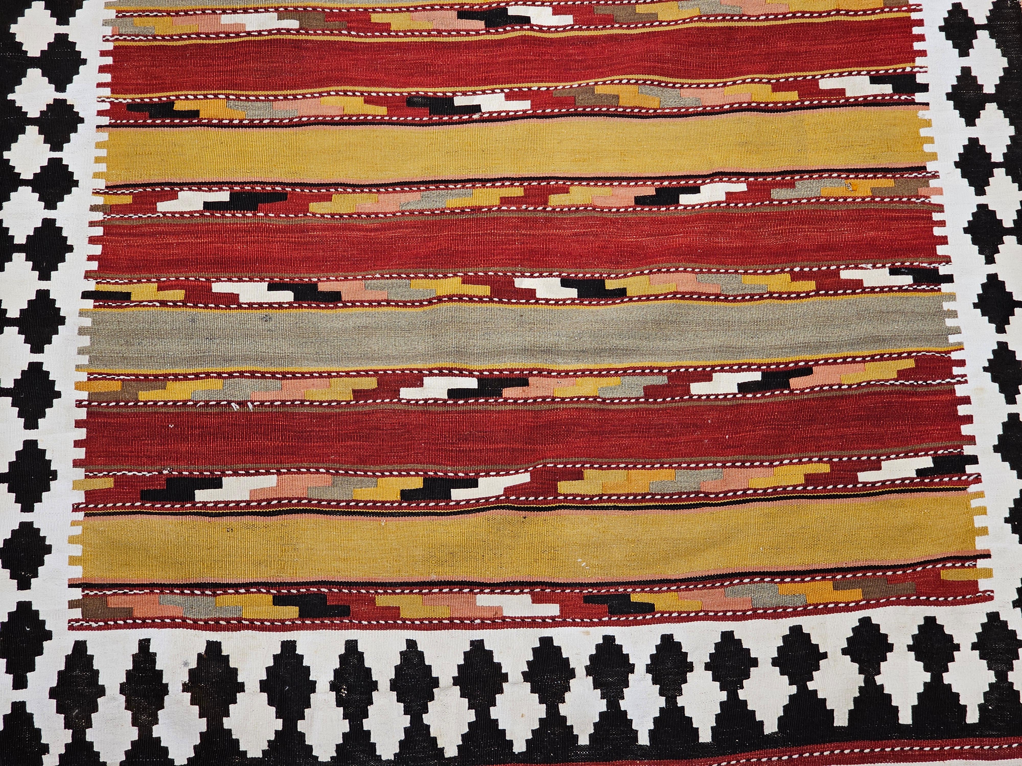 Hand-Woven Vintage Persian Qashqai Tribal Kilim Rug in Yellow, Green, Red, Ivory, Brown For Sale