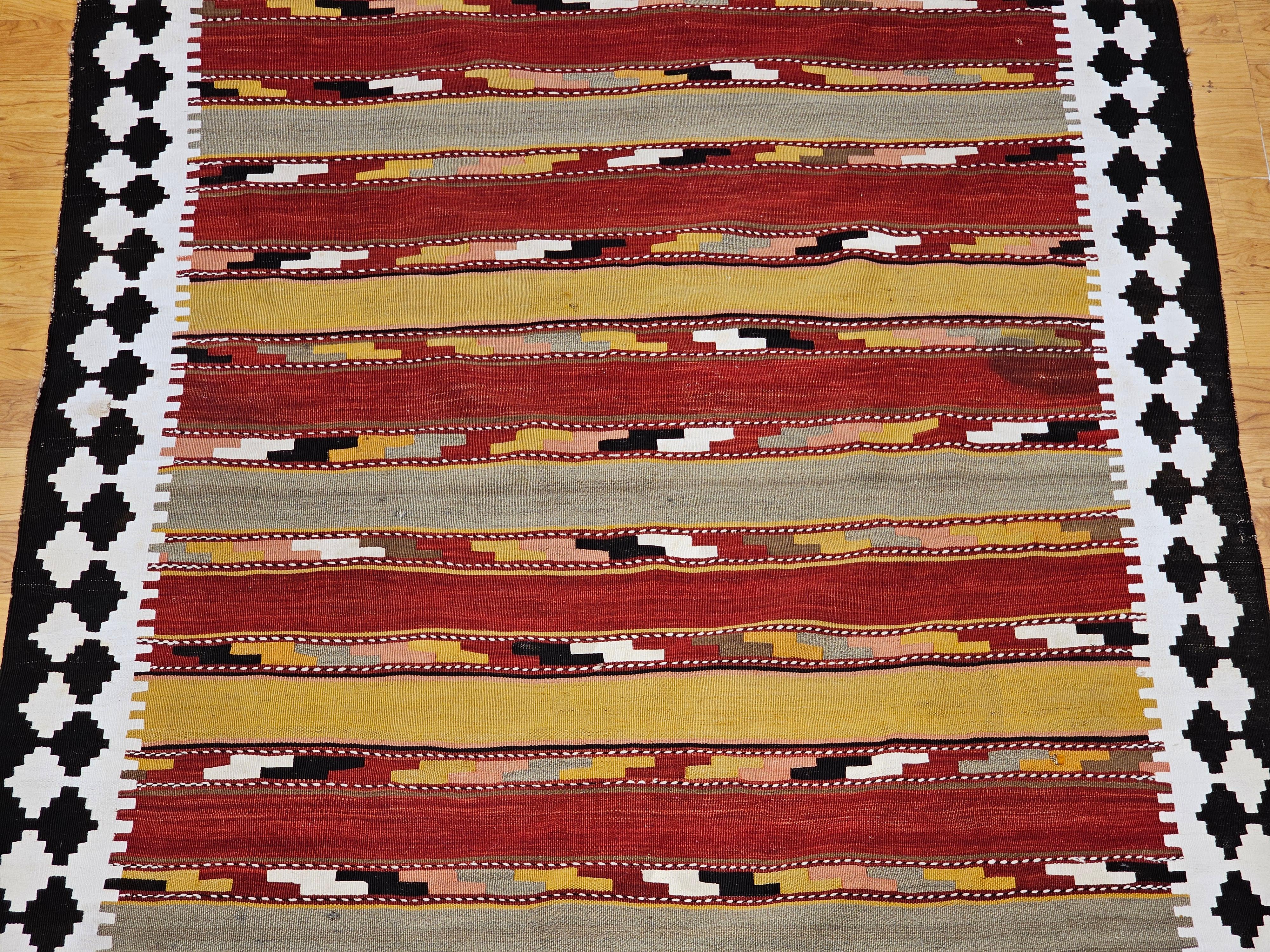 Vintage Persian Qashqai Tribal Kilim Rug in Yellow, Green, Red, Ivory, Brown In Good Condition For Sale In Barrington, IL