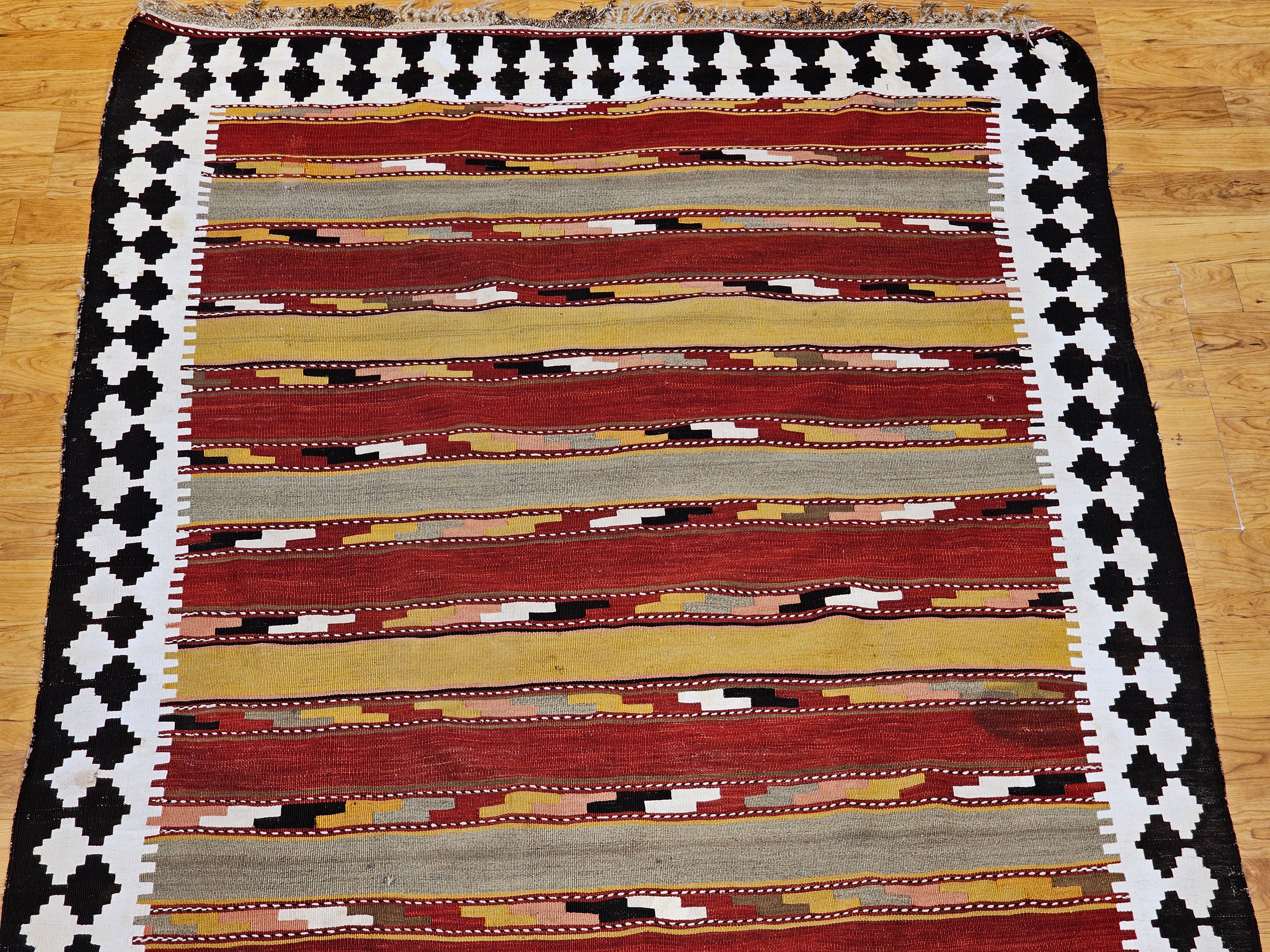 20th Century Vintage Persian Qashqai Tribal Kilim Rug in Yellow, Green, Red, Ivory, Brown For Sale