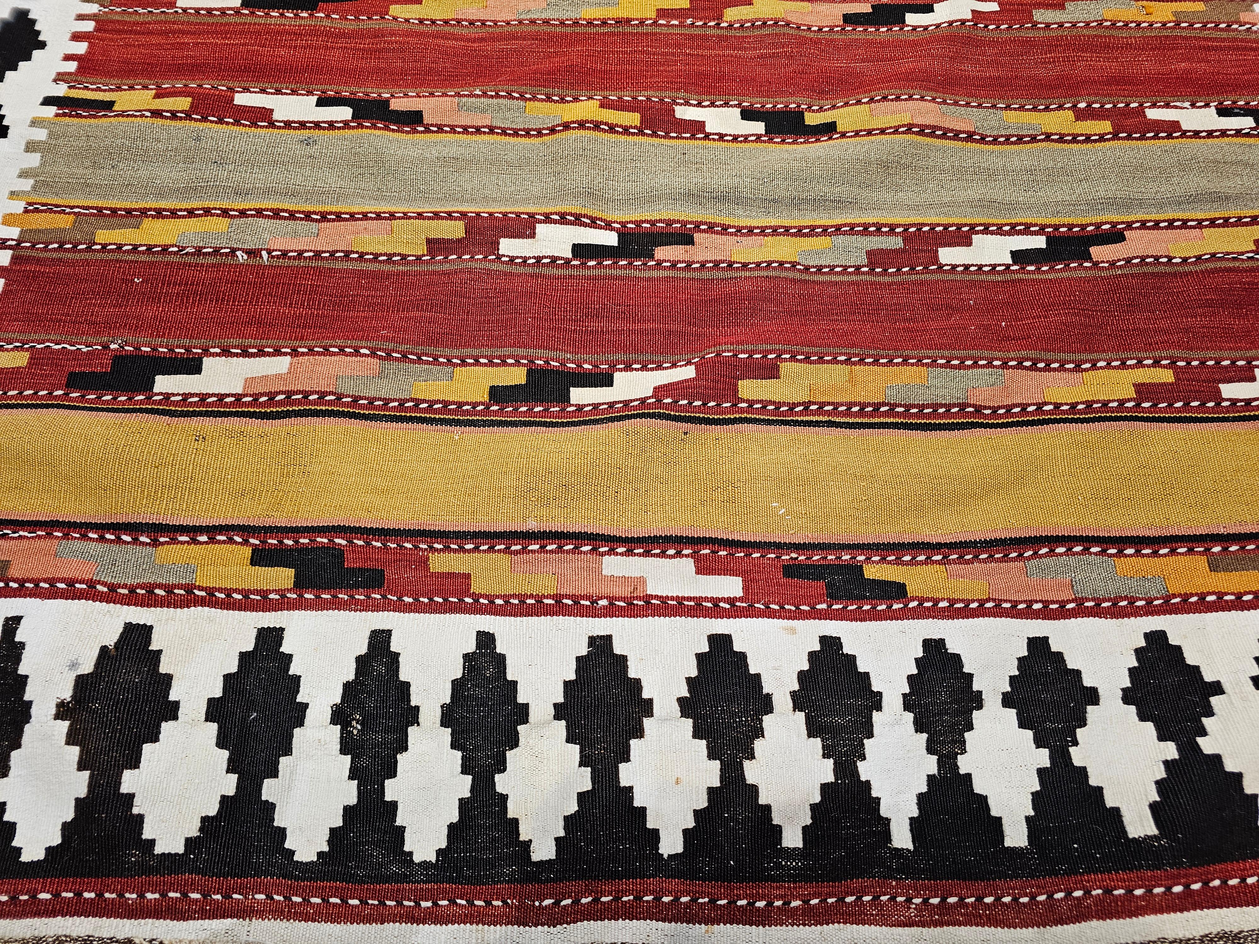 Wool Vintage Persian Qashqai Tribal Kilim Rug in Yellow, Green, Red, Ivory, Brown For Sale