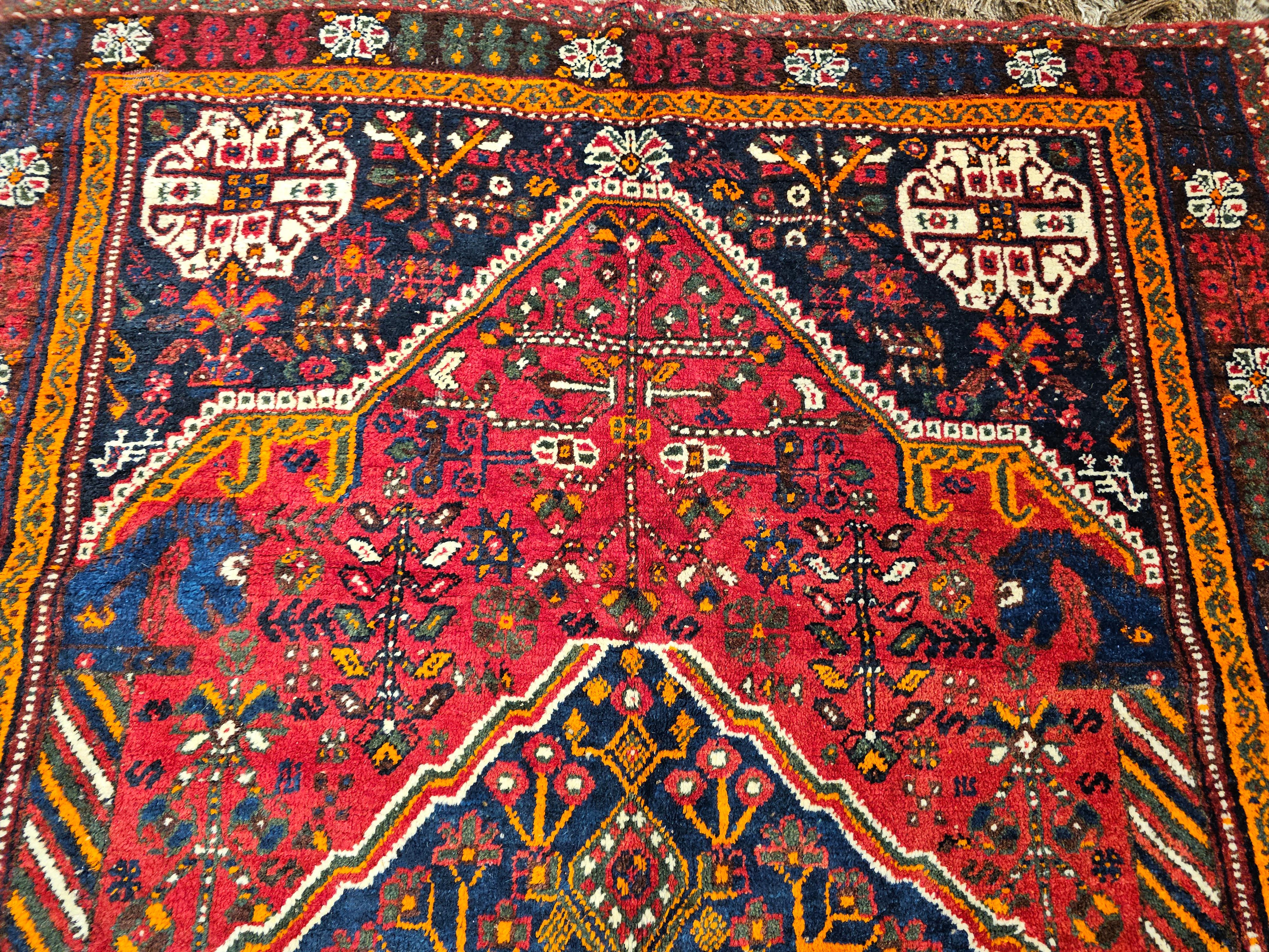 20th Century Vintage Persian Qashqai Tribal Rug in Red, Blue, Ivory, Green, Brown For Sale