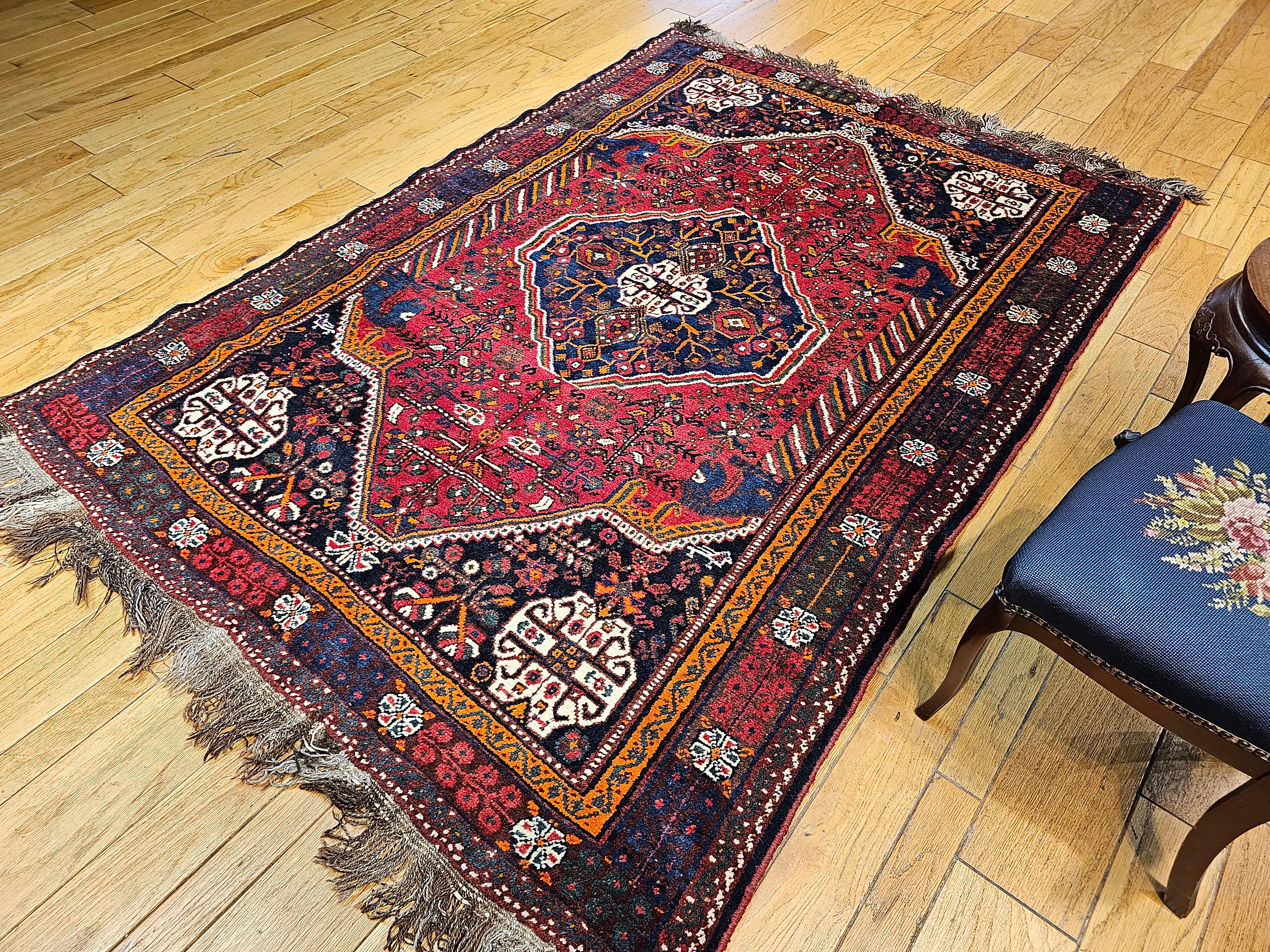 Vintage Persian Qashqai Tribal Rug in Red, Blue, Ivory, Green, Brown For Sale 7