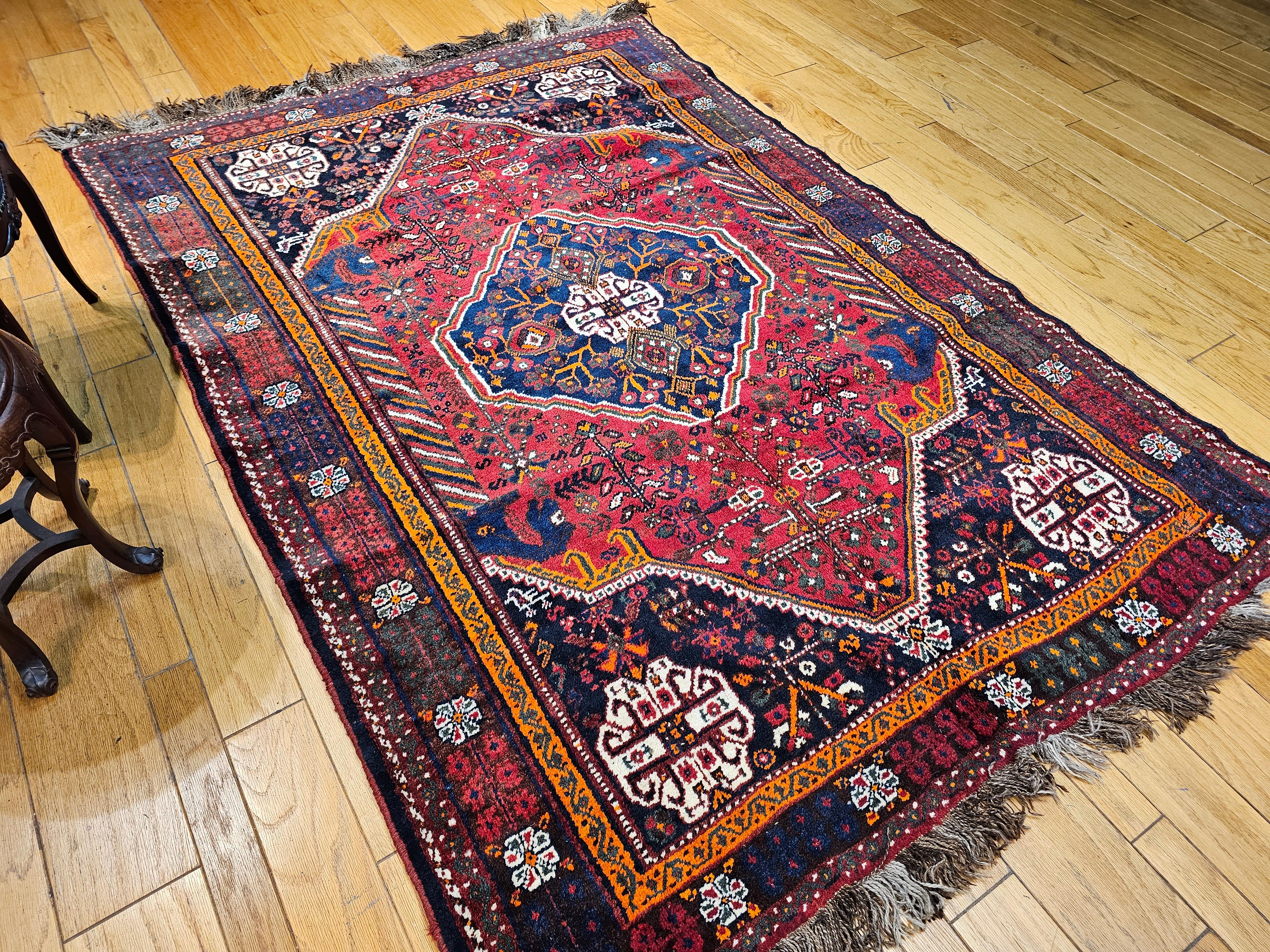 Vintage Persian Qashqai Tribal Rug in Red, Blue, Ivory, Green, Brown For Sale 9