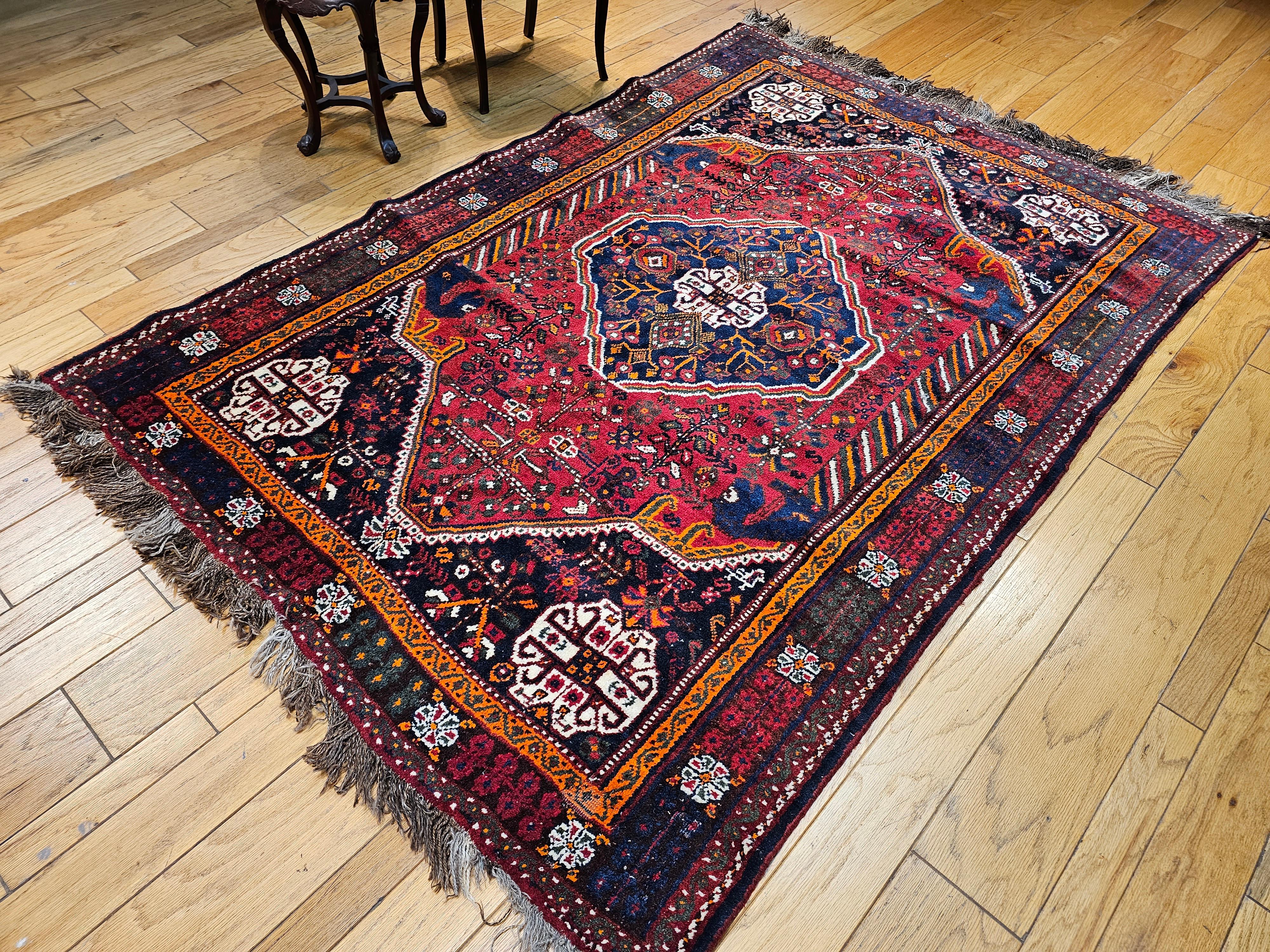 Vintage Persian Qashqai Tribal Rug in Red, Blue, Ivory, Green, Brown For Sale 10
