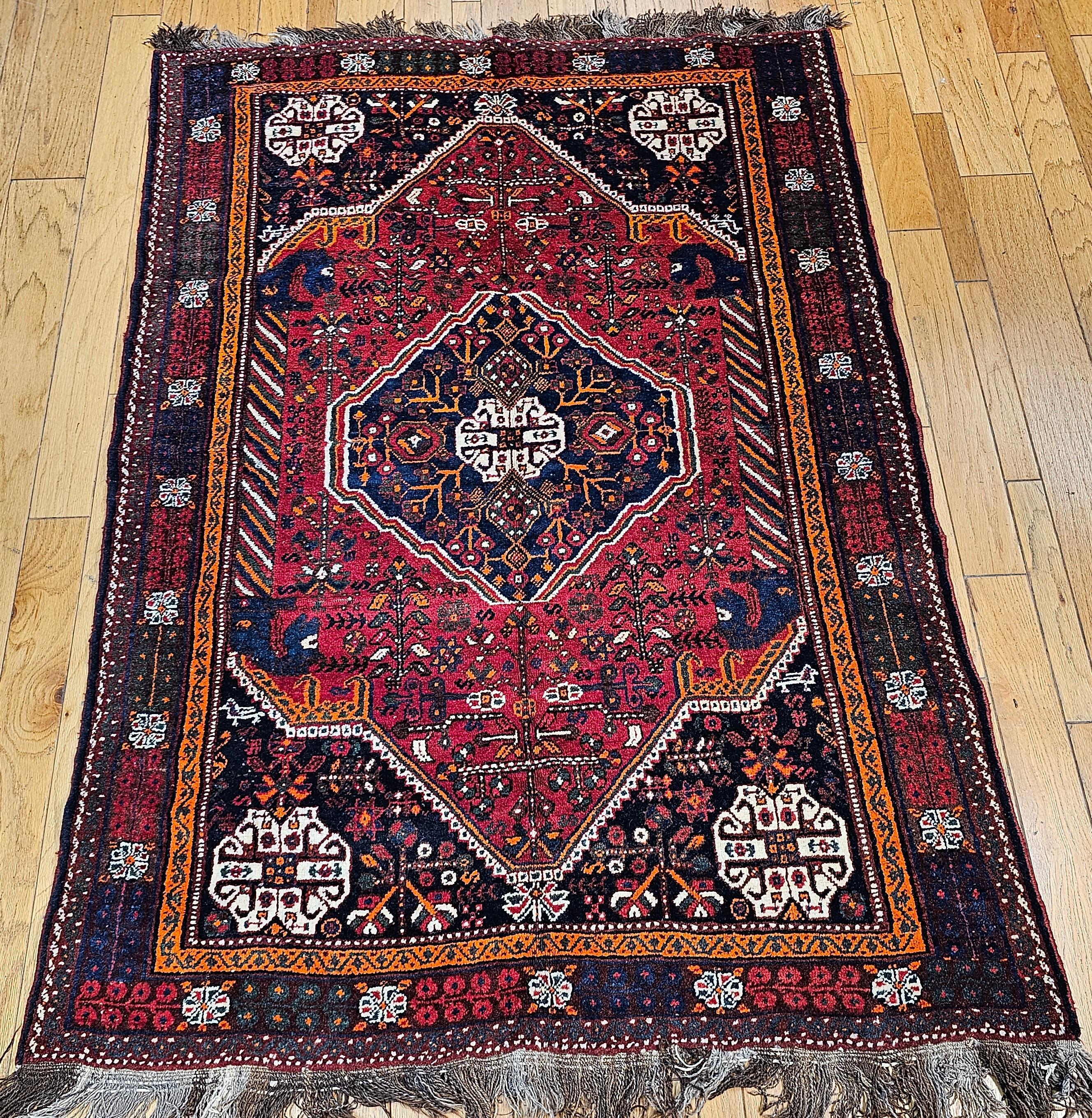 Vintage Persian Qashqai Tribal Rug in Red, Blue, Ivory, Green, Brown For Sale 11