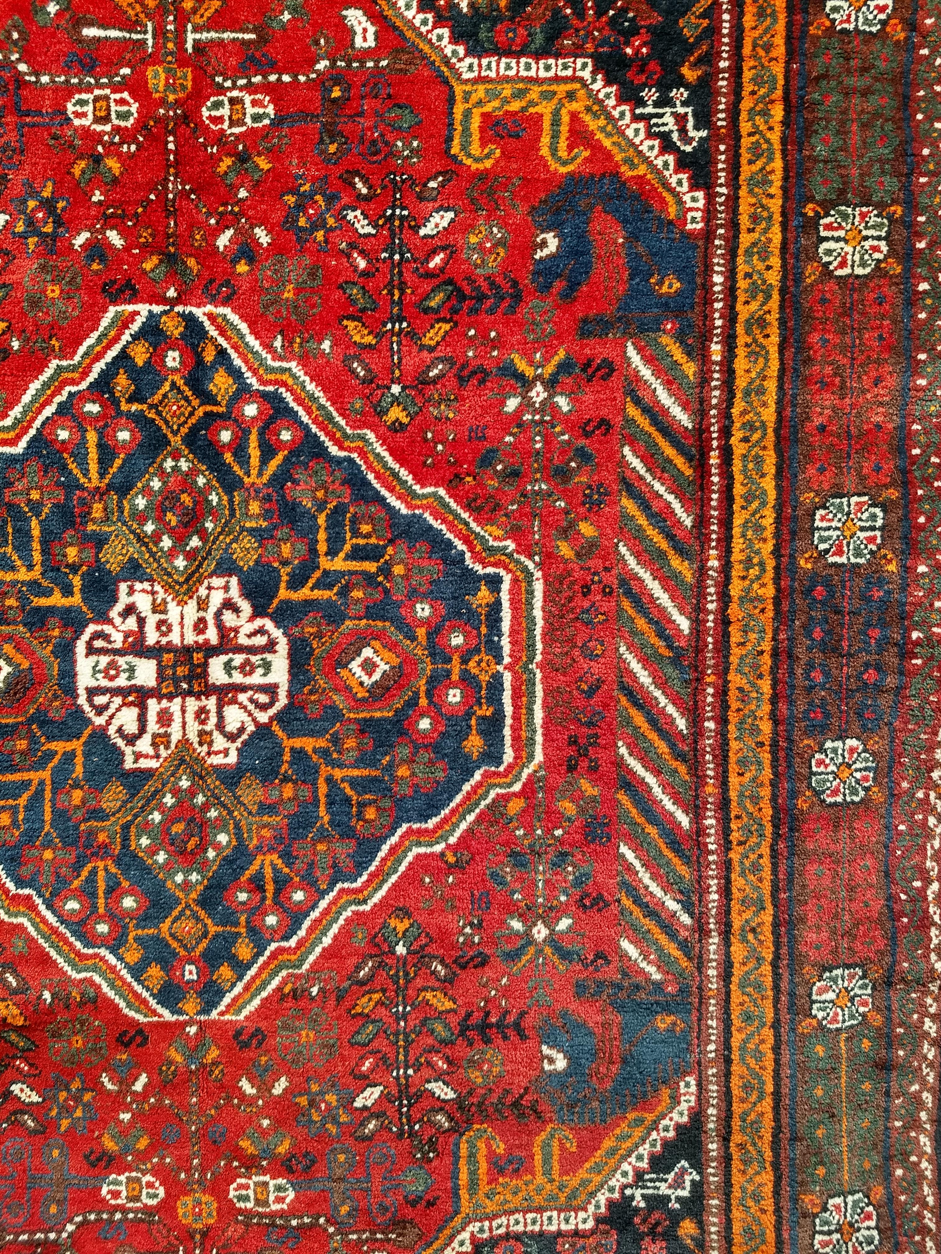Vintage Persian Qashqai Tribal Rug in Red, Blue, Ivory, Green, Brown For Sale 5