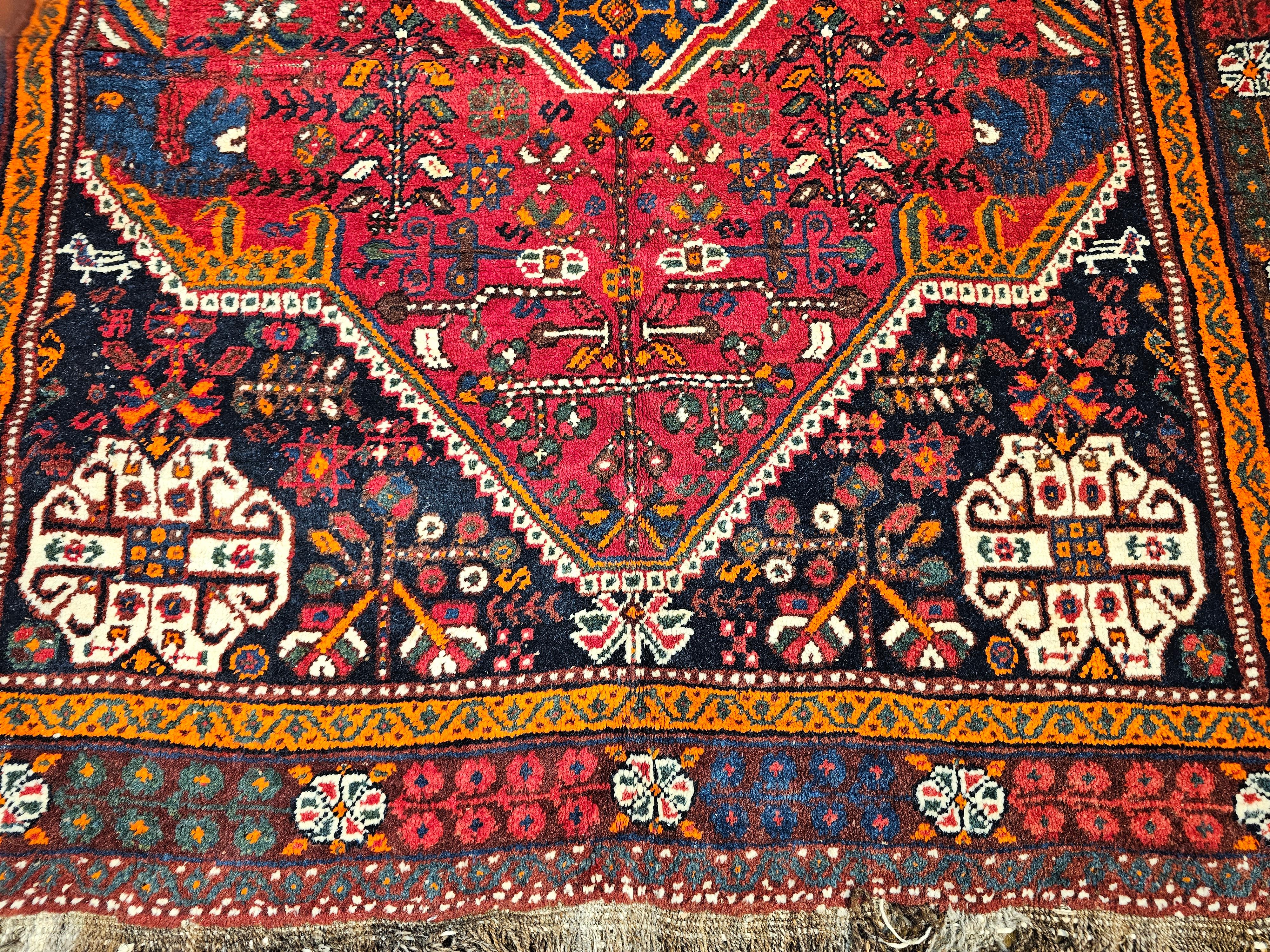 Vintage Persian Qashqai Tribal Rug in Red, Blue, Ivory, Green, Brown For Sale 1