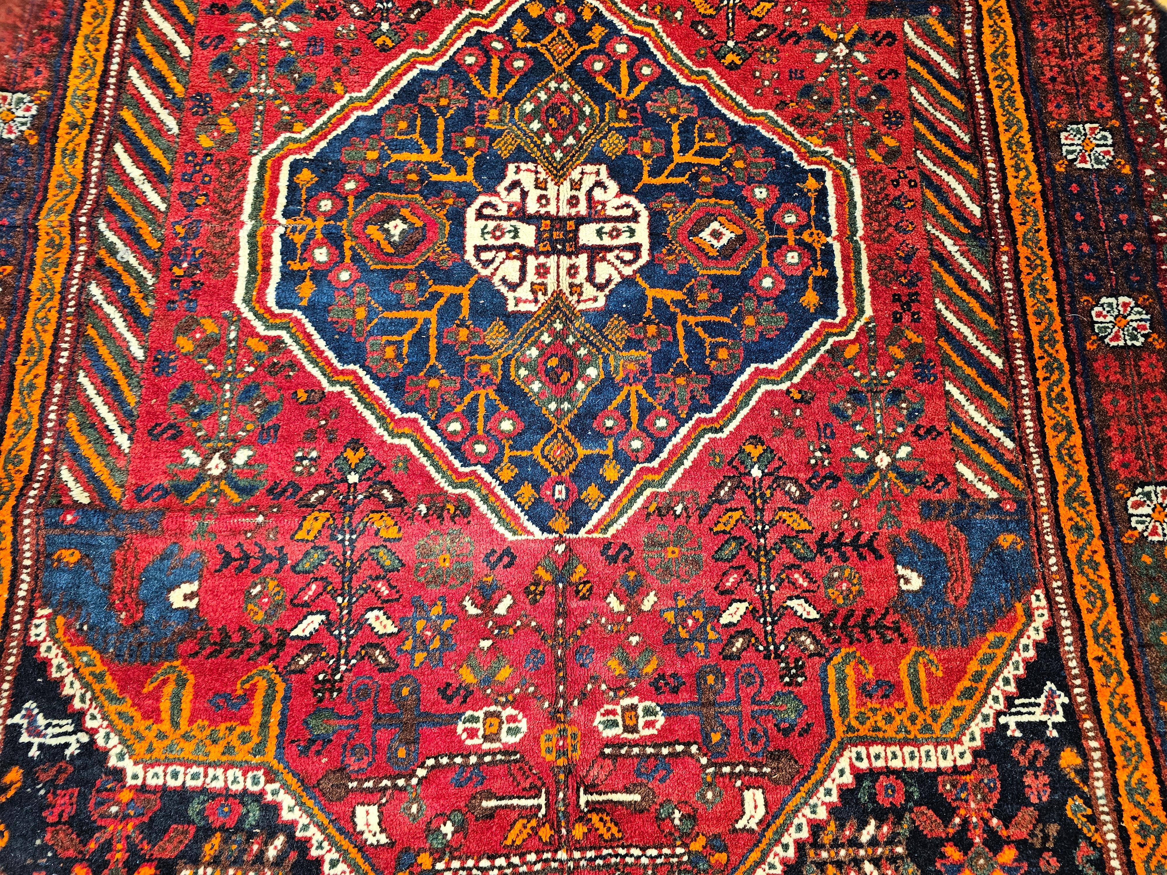 Vintage Persian Qashqai Tribal Rug in Red, Blue, Ivory, Green, Brown In Good Condition For Sale In Barrington, IL